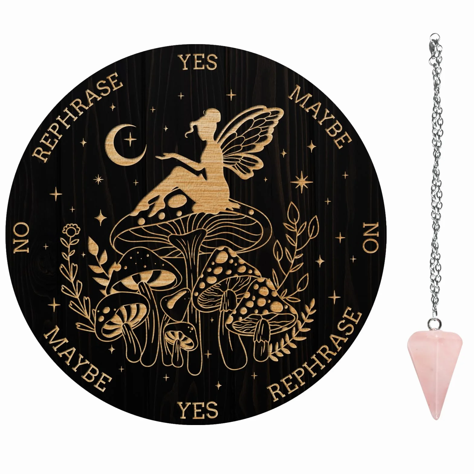 AHANDMAKER Juego de tablero de péndulo, tablero de madera para adivinación, tablero de mensajes metafísicos con collar de péndulo de cristal para brujería, kit de suministros de altar wiccano, hada,