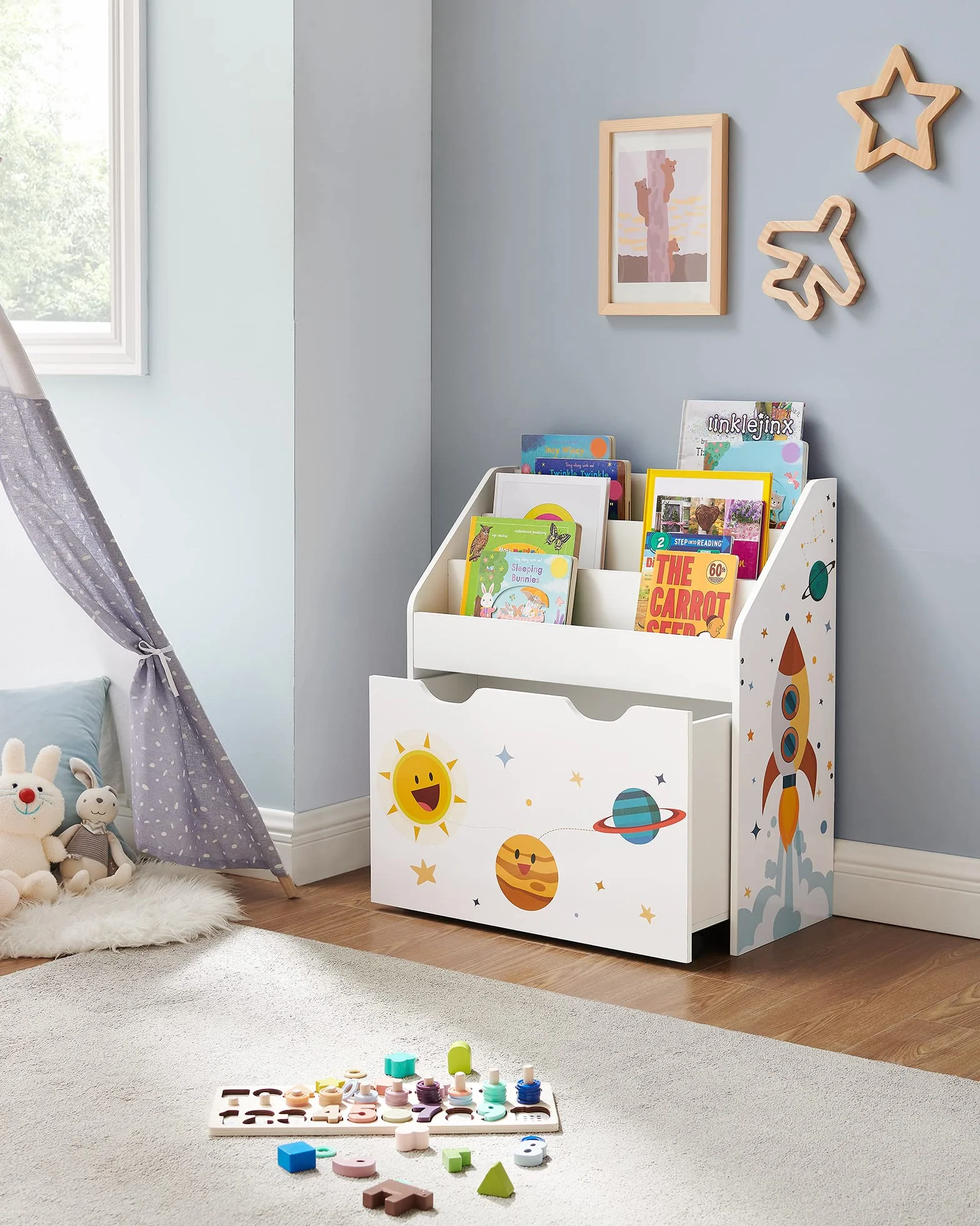SONGMICS Estantería de Juguetes con 3 Compartimentos, Librería Infantil, Caja Móvil con Ruedas, Blanco GKR41WT