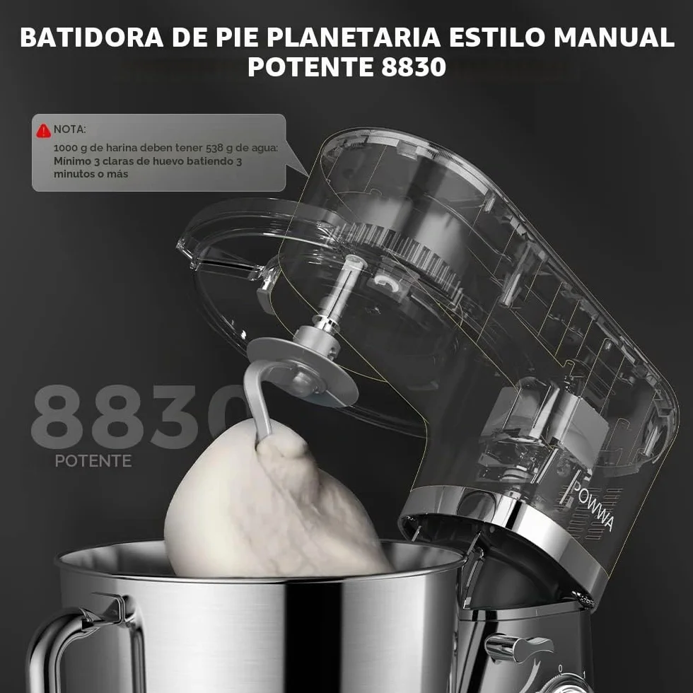 Batidora Amasadora, POWWA Amasadora de Pan Repostería 1500W, 6 Velocidades con Pulso, Potente y Bajo Ruido, Robot de Cocina Amasador Multifuncional, Bol de Acero Inoxidable 5.5 L Capacidad