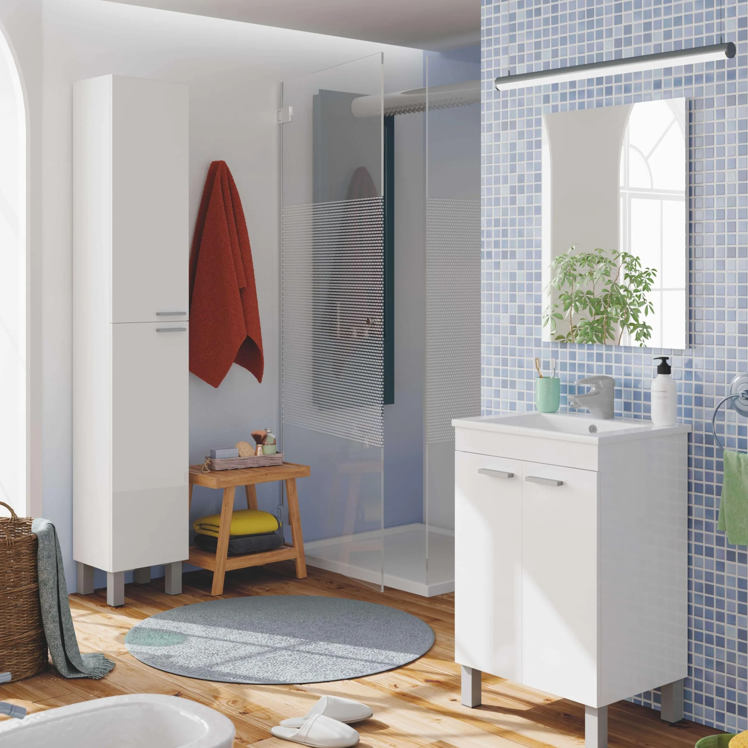Mueble de Baño Camelia Estilo Contemporáneo en Color Blanco con 2 Puertas y Espejo 50x80x40 cm (Lavabo Cerámico)