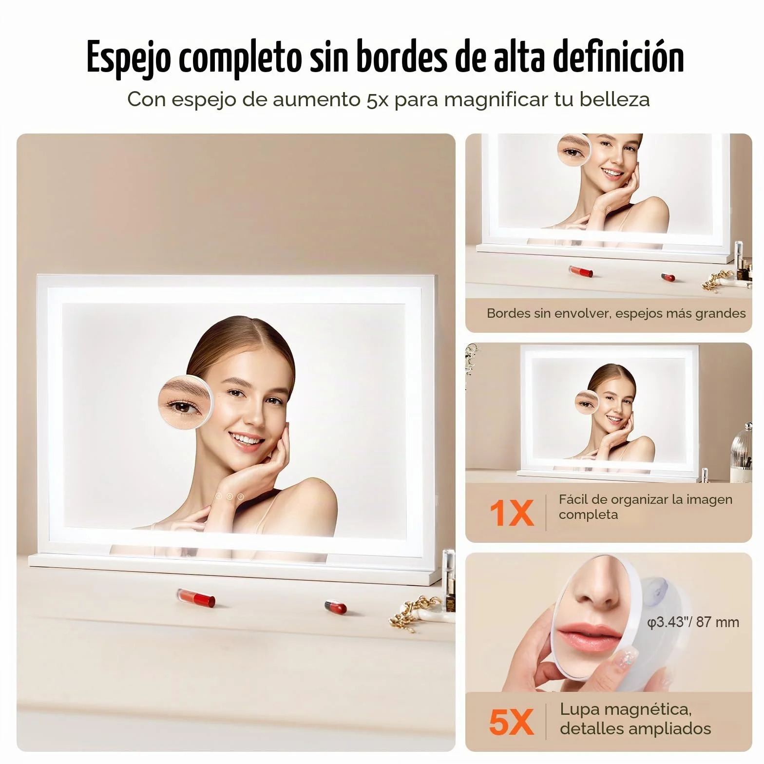 VEVOR Gran Espejo de Maquillaje Iluminado con Tres Modos de Iluminación de Color, LED Luces, Aumento de 5X, Puerto USB, Control Táctil Inteligente, Montaje en Pared de Escritorio, 800 x 120 x 572 mm