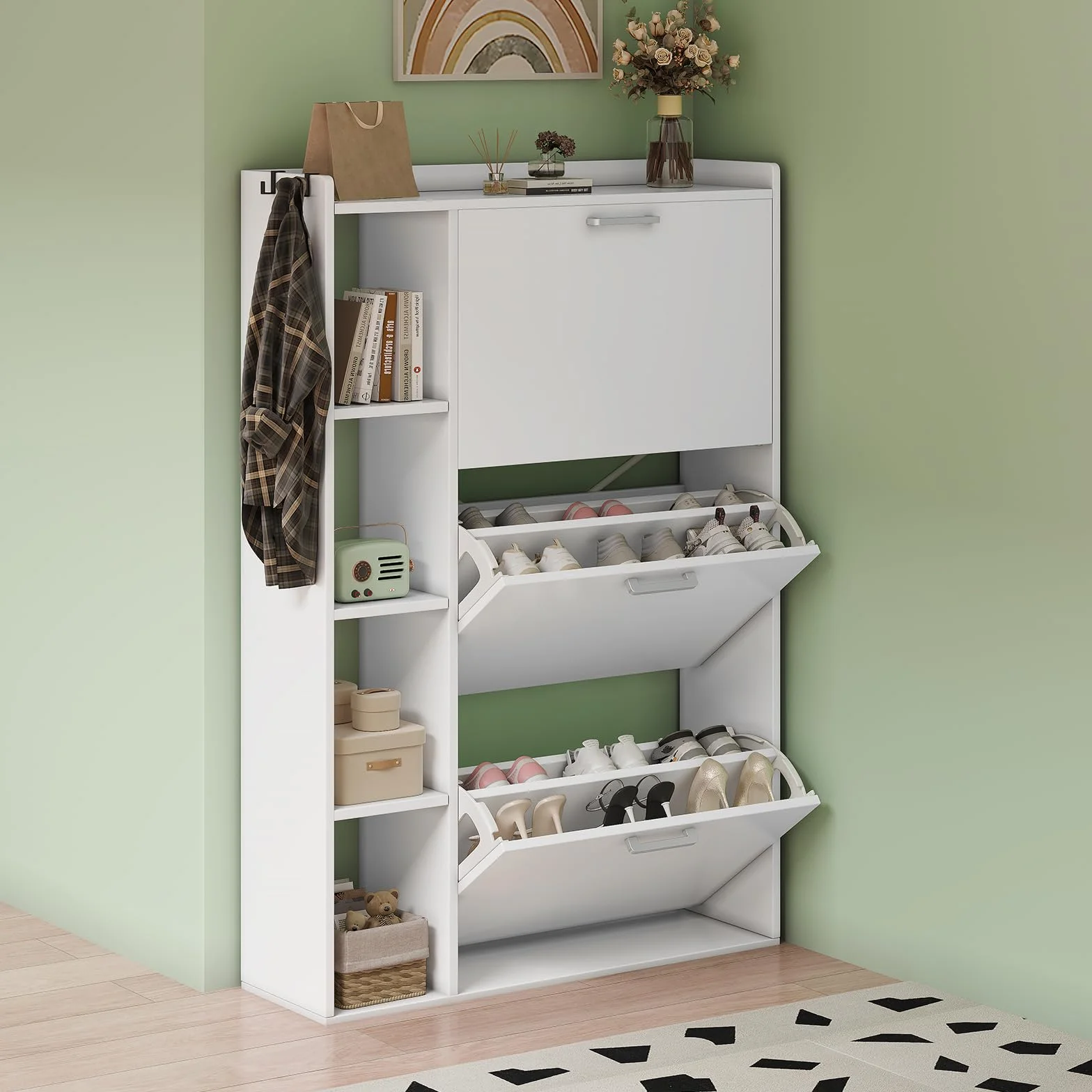 Zapatero Estrecho Recibidor Mueble Zapatero 3 Puertas con 4 Compartimentos de Almacenamiento para 18-24 Pares de Zapatos，para Sala de Estar, Pasillo de Entrada, 80x24x122cm Blanco
