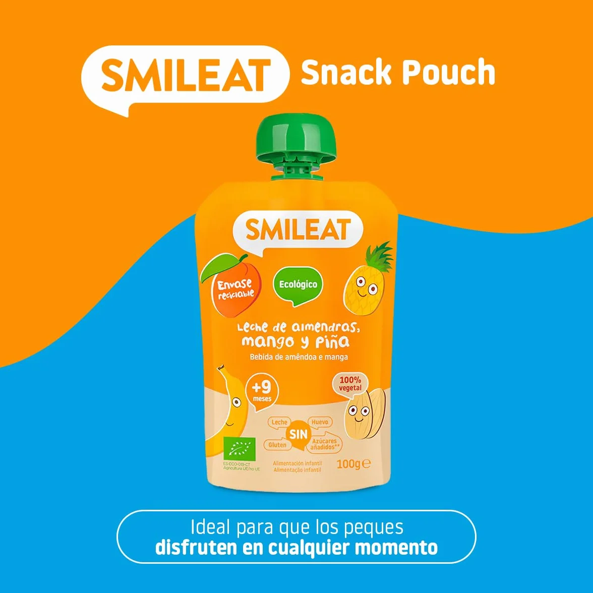 Smileat Pouch de Frutas Ecológicas Sin Azúcar Añadido Sin Gluten Snack para Peques Leche de Almendras Mango y Piña
