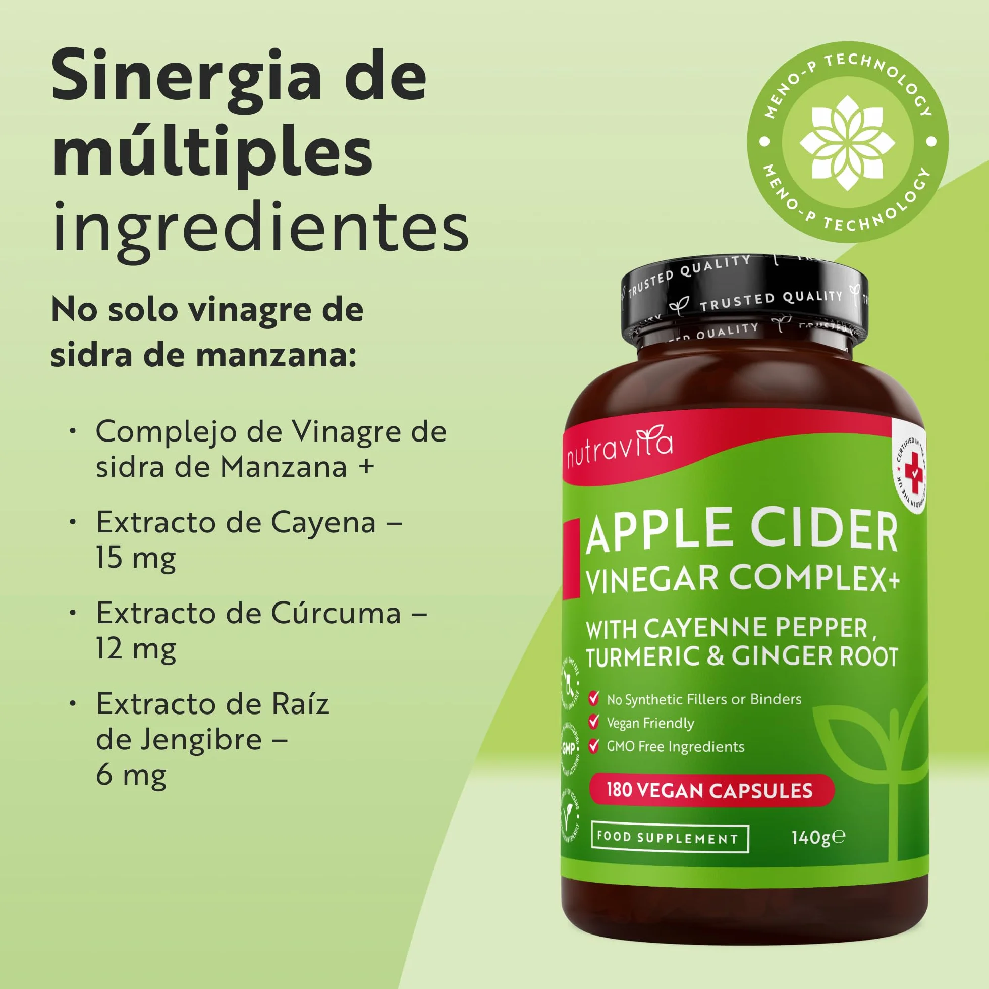 Nutravita Complejo de Vinagre de Sidra de Manzana 180 Cápsulas Veganas Puro Crudo Sin Filtrar con Pimienta de Cayena y Raíces de Cúrcuma y Jengibre 1.033mg