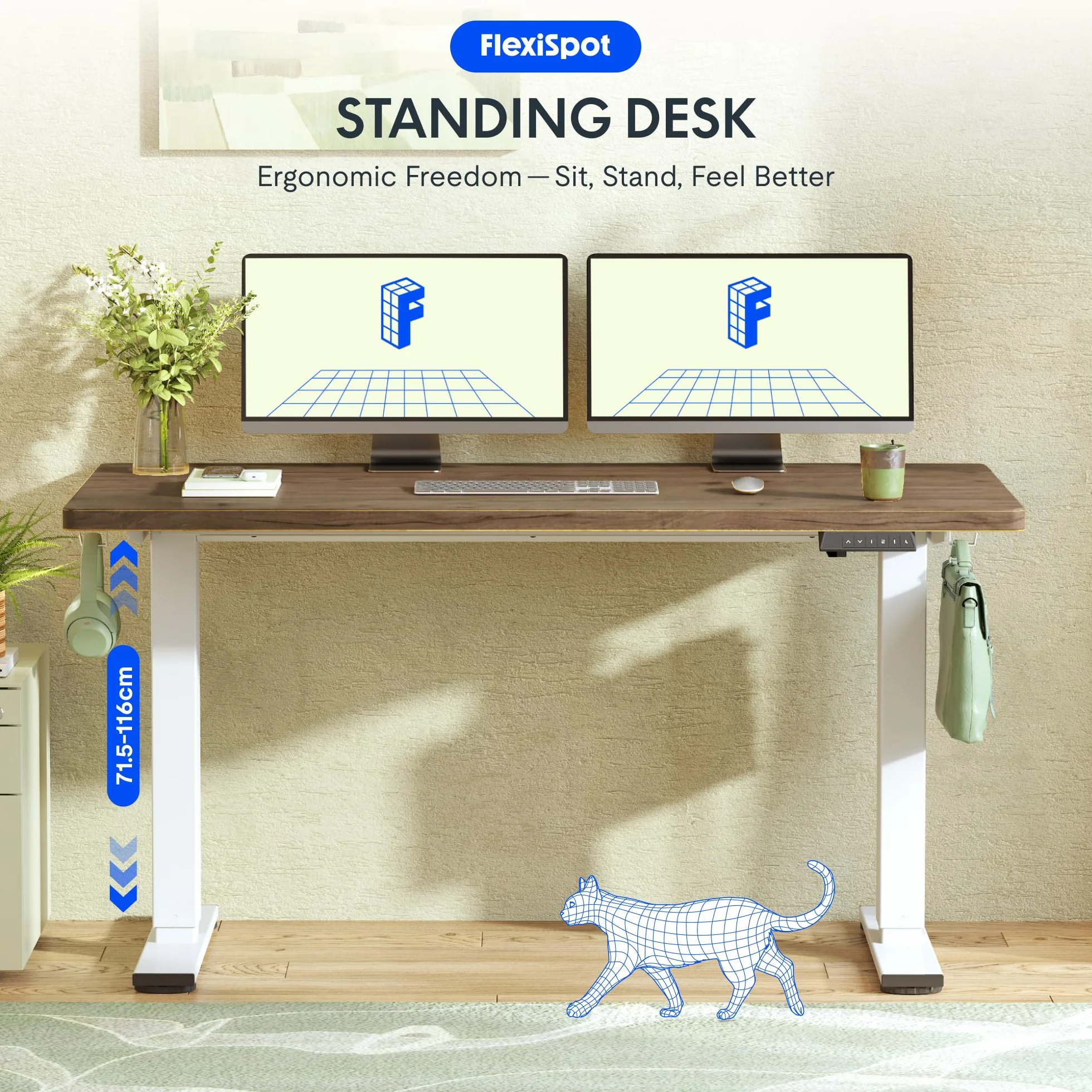 FLEXISPOT Escritorio Elevable Eléctrico con Tablero Acabado de Roble Hecho en UE,140×80cm,Altura Ajustable 71-120cm,Capacidad 80 kg,para Oficina,Trabajo Remoto,Hogar y Empresa,Roble Café + Negro
