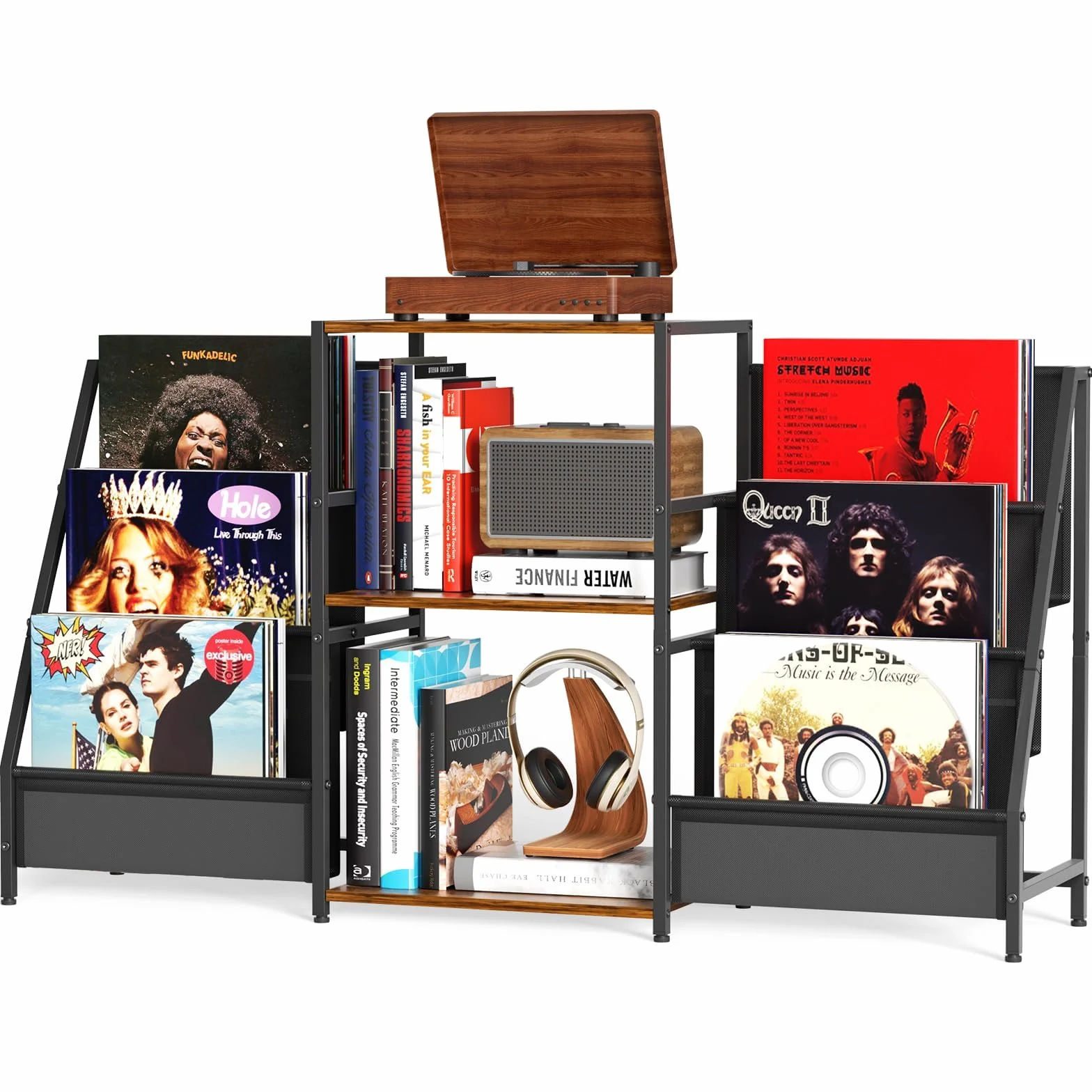 Soporte tocadiscos mesa auxiliar 3 niveles almacenamiento vinilo 200 álbumes 123 x 30 x 73 cm