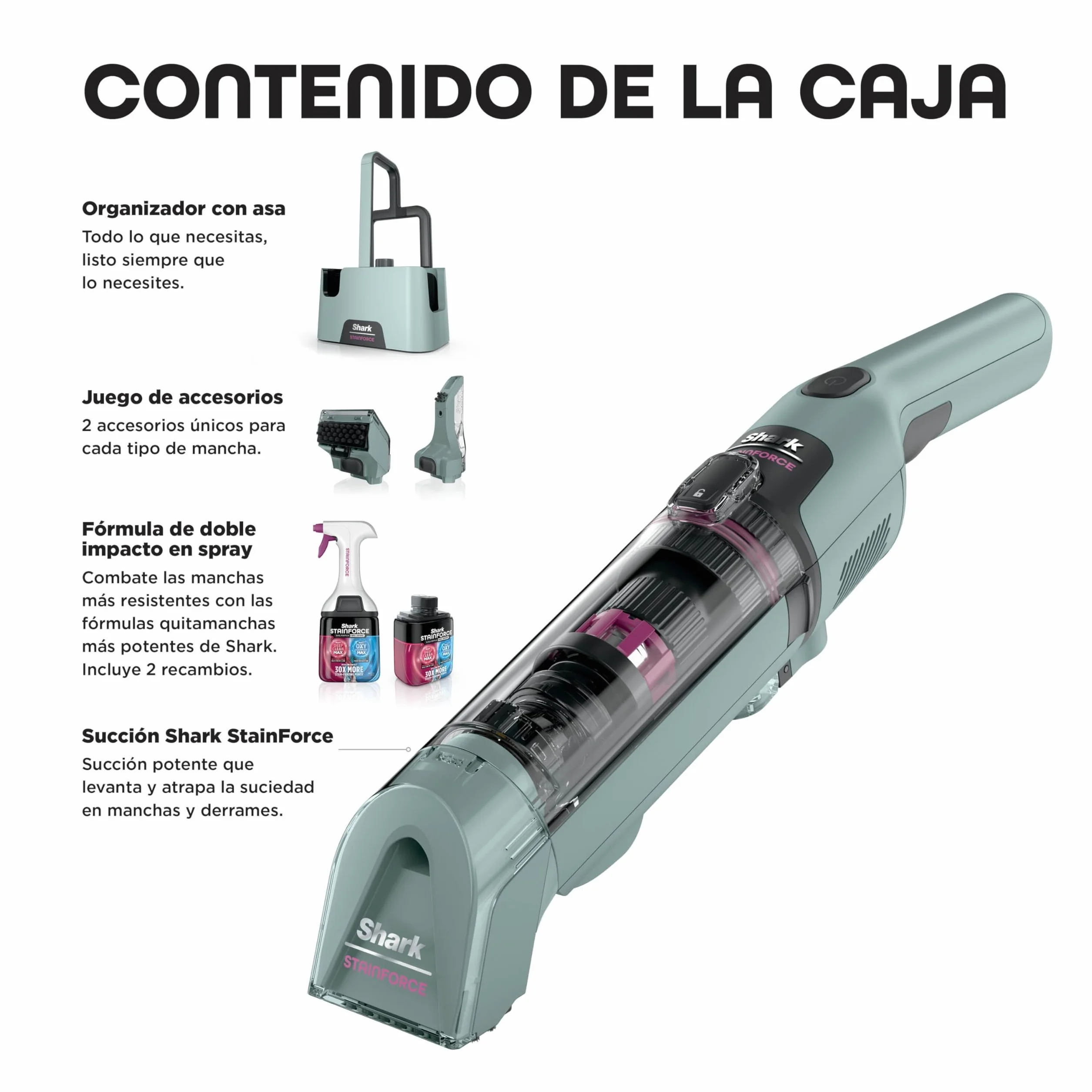Shark StainForce Limpiador Portátil para Manchas y Olores - Limpieza de Alfombras, Tapicerías, Escaleras y Coches - Incluye Accesorios y 2 Soluciones de Limpieza - Cobre, HX100EUCP