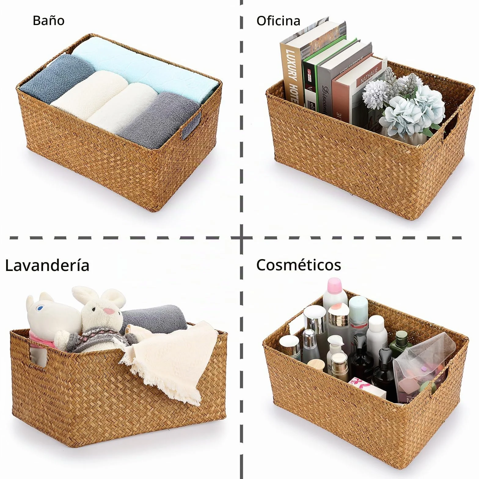 IGNPION Cesta de almacenamiento abierta de mimbre trenzado rectangular para baño, estantes y escritorios, cesta de almacenamiento multiusos (caramelos, grande)
