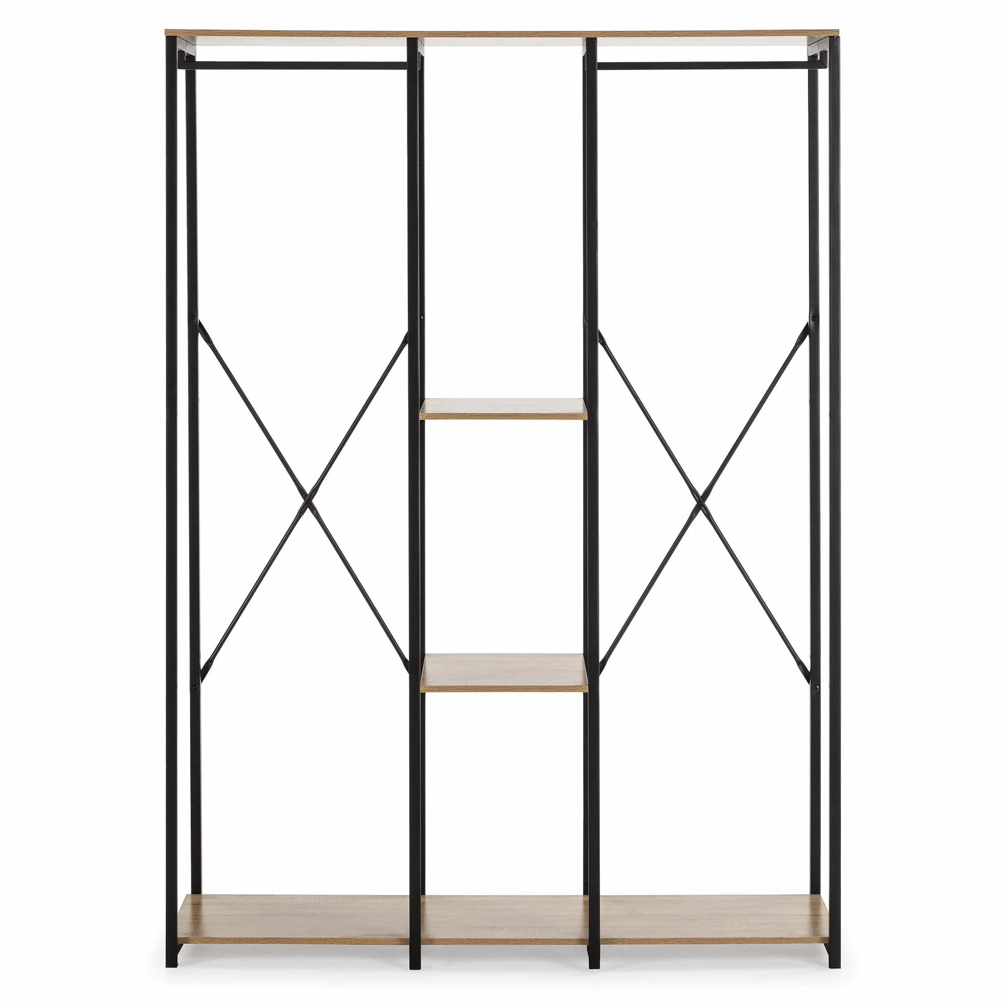 HOMN LIVING Armario vestidor Jana 3 estantes 2 Barras, Color Roble/Negro, 120 cm (Ancho) 40,4 cm (Profundo) 167 cm (Altura)