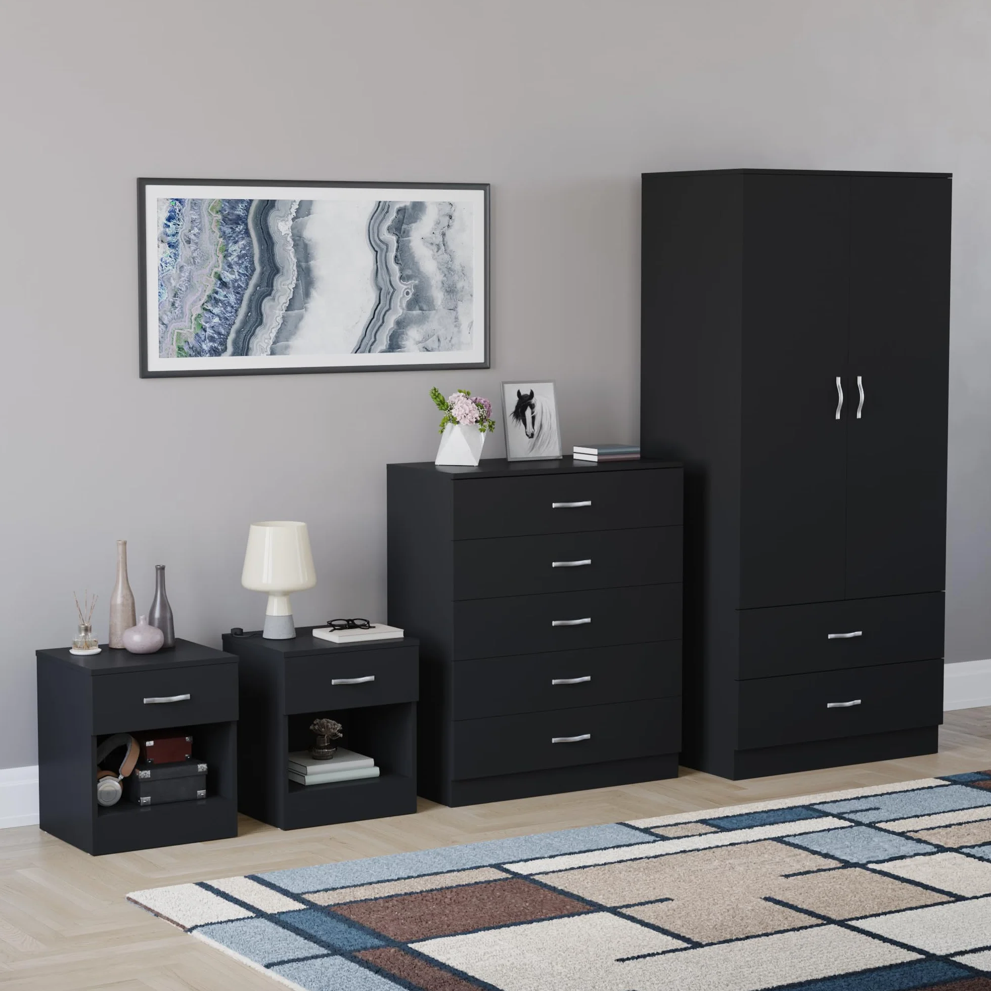 Vida Designs Riano - Juego de dormitorio de 4 piezas (1 cajón, cómoda de 5 cajones, armario de 2 puertas y 2 cajones), color negro (5)