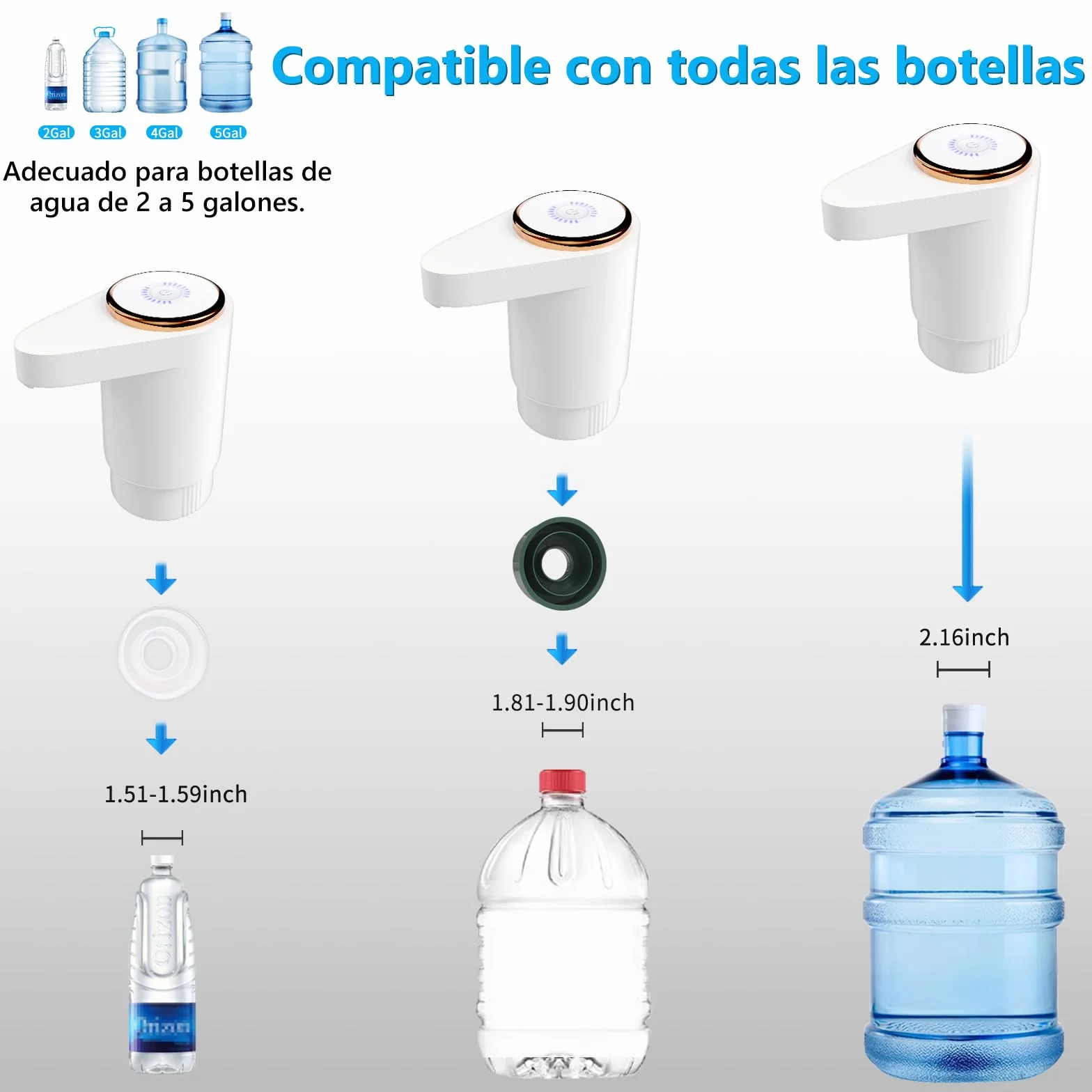 EasySpeed Dispensador de Agua de Doble Velocidad | Recargable 1200mAh Bomba de Grifo para Botellas con 2 Adaptadores | Compatible con Garrafas de 3 a 20 litros | para Camping, Casa & Oficina, Blanco