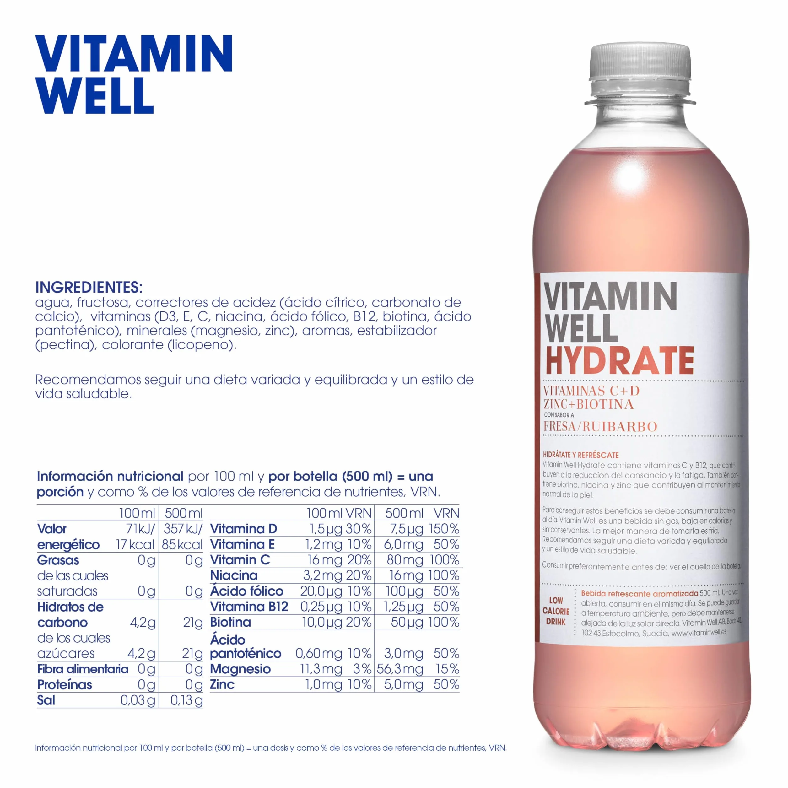 Vitamin Well Hydrate Bebida Enriquecida con Vitaminas C y D, Zinc + Biotina Sabor Fresa/Ruibarbo 12 x 500ml