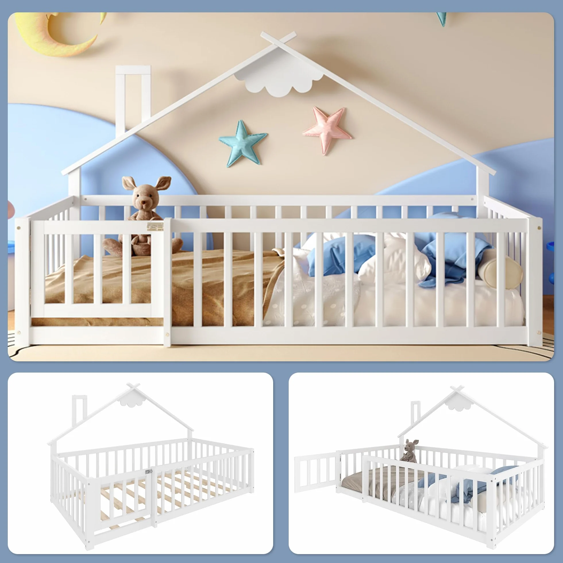 Cama de suelo de 90 x 190 cm con protección anticaída y puerta con cerradura, estructura de cama infantil, cama de madera de pino con somier, cama de madera, sin colchón