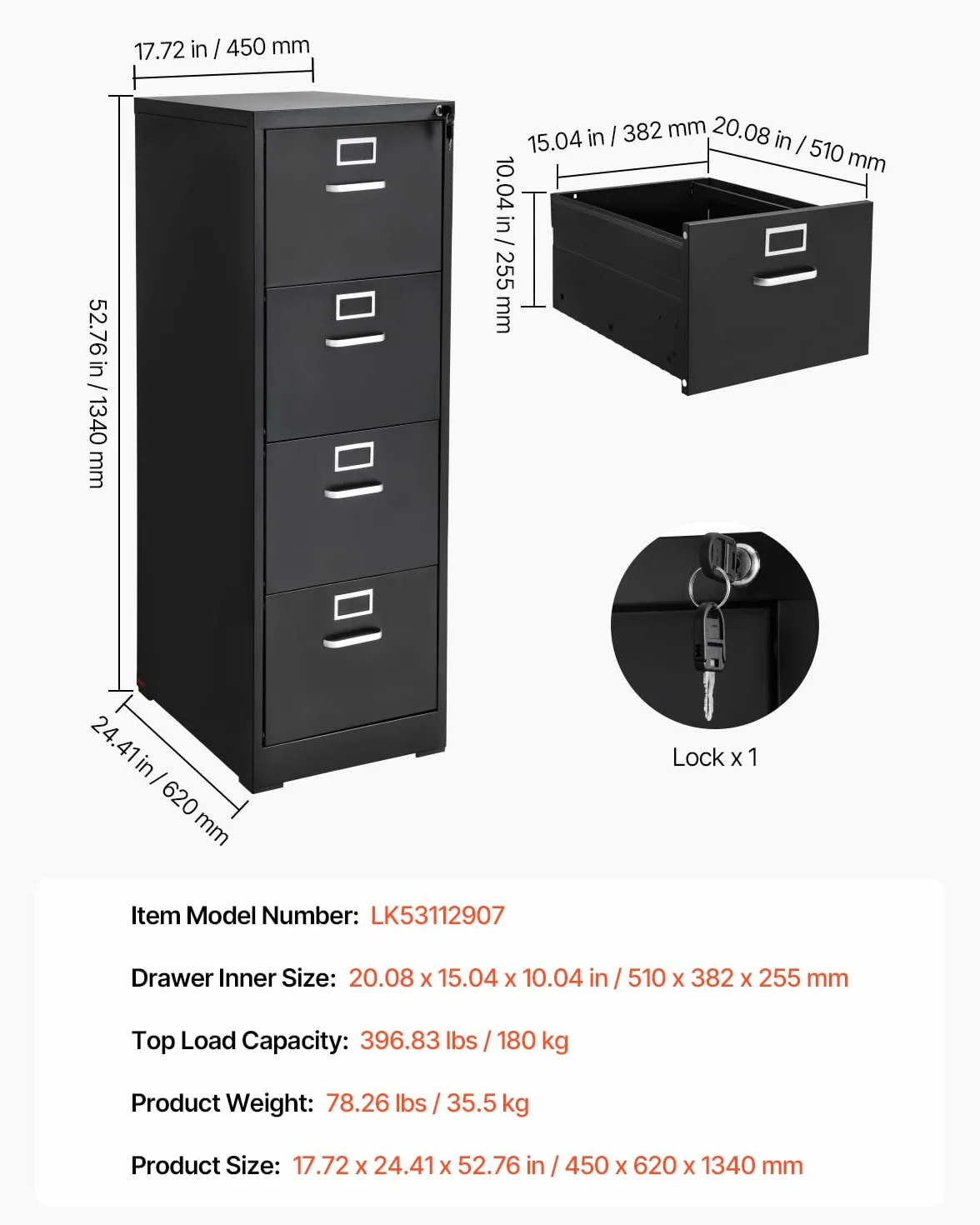 VEVOR Archivador Vertical de Metal, Archivador Vertical 450 x 620 x 1340 mm de 4 Cajones con Cerradura, Barra de Suspensión Desmontable para Archivos de Tamaño A4/Carta/Legal para Oficina, Negro