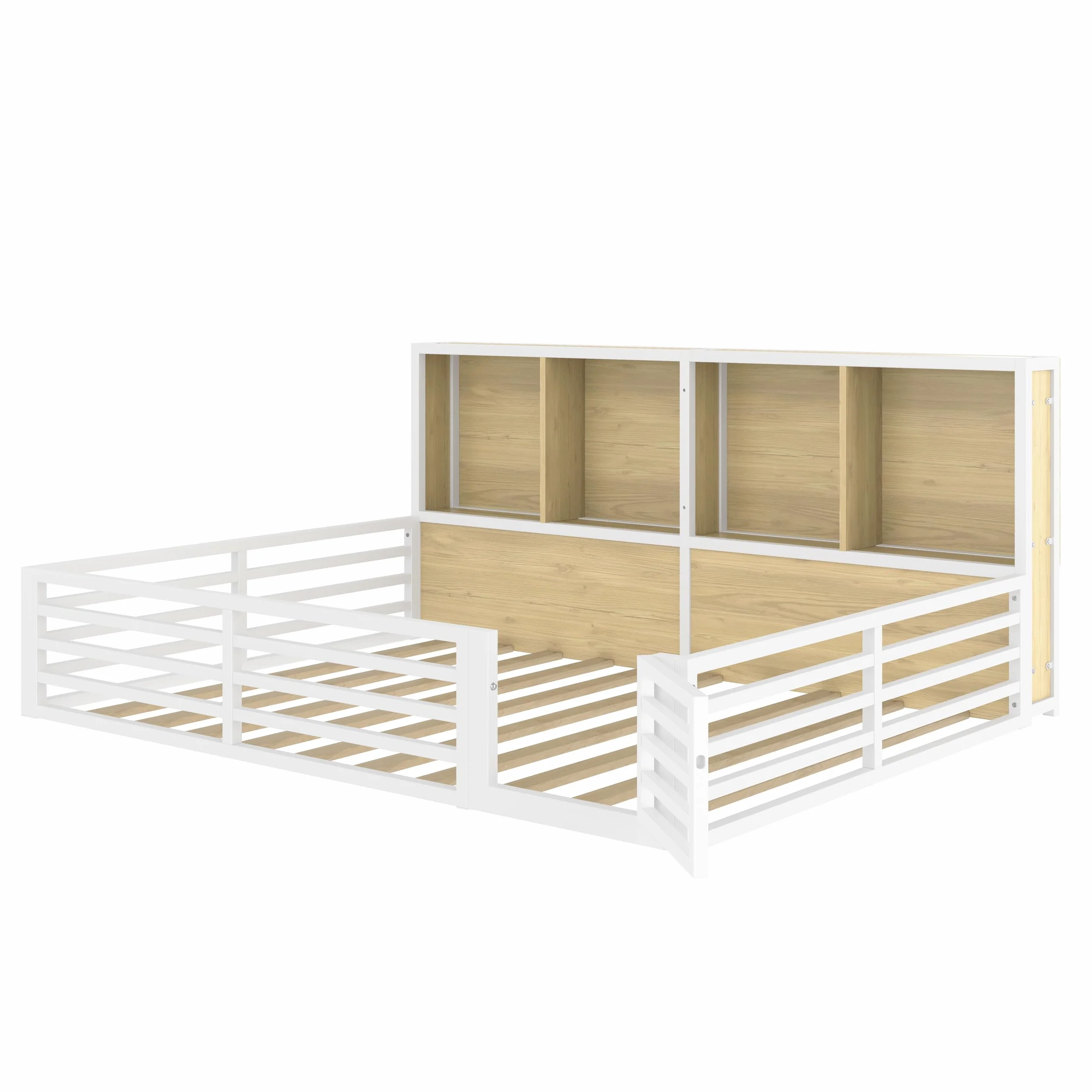 Montessori - Cama infantil (140 x 200 cm, con protección anticaída y somier, cama de casa con 4 compartimentos de almacenamiento, iluminación LED y puerta), color blanco, 140 x 200 cm