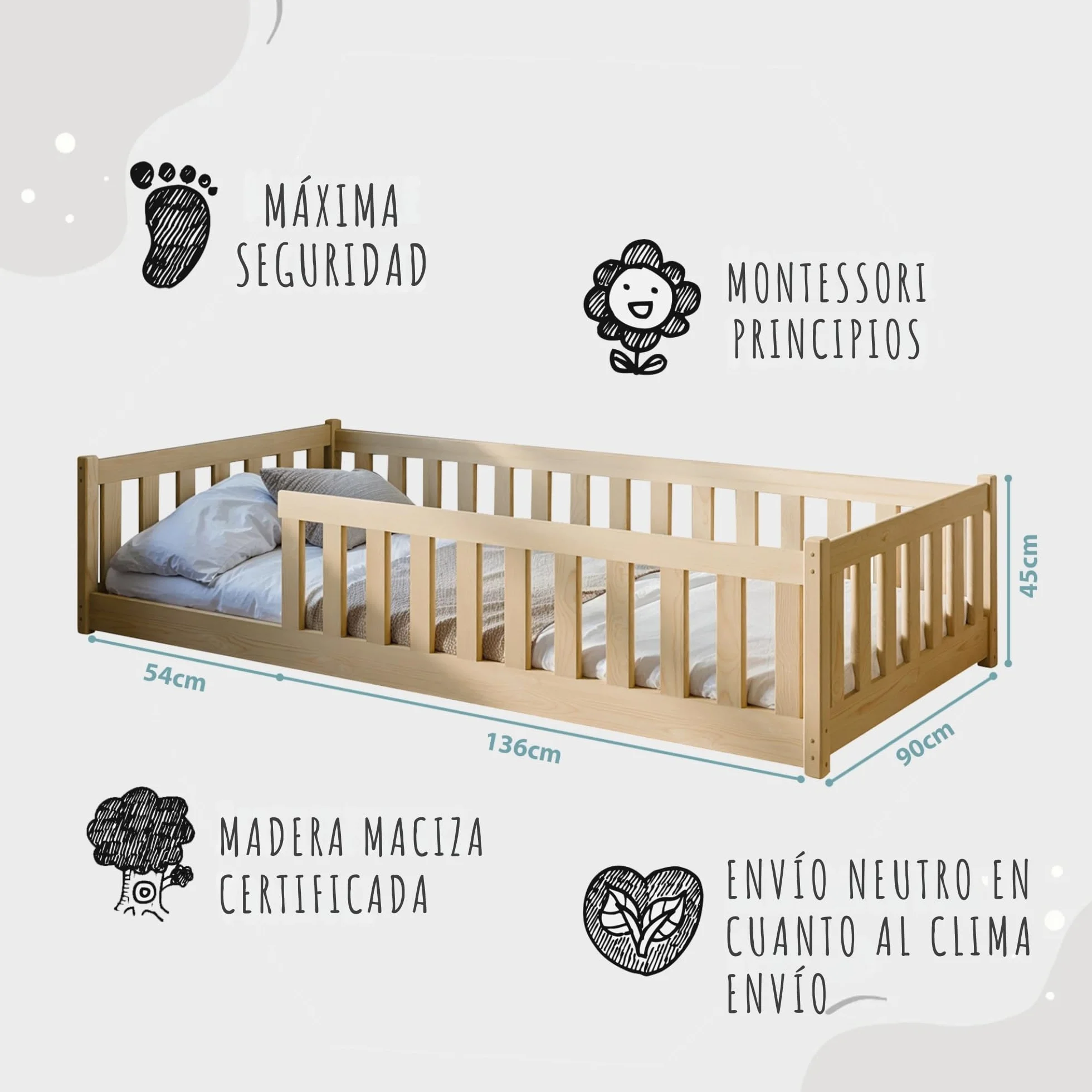 Kids Collective Cama Infantil de Suelo de 90x190 cm con protección anticaídas y somier, Cama Montessori, Cuna Infantil, Cama Juvenil, Cama Individual | Natural