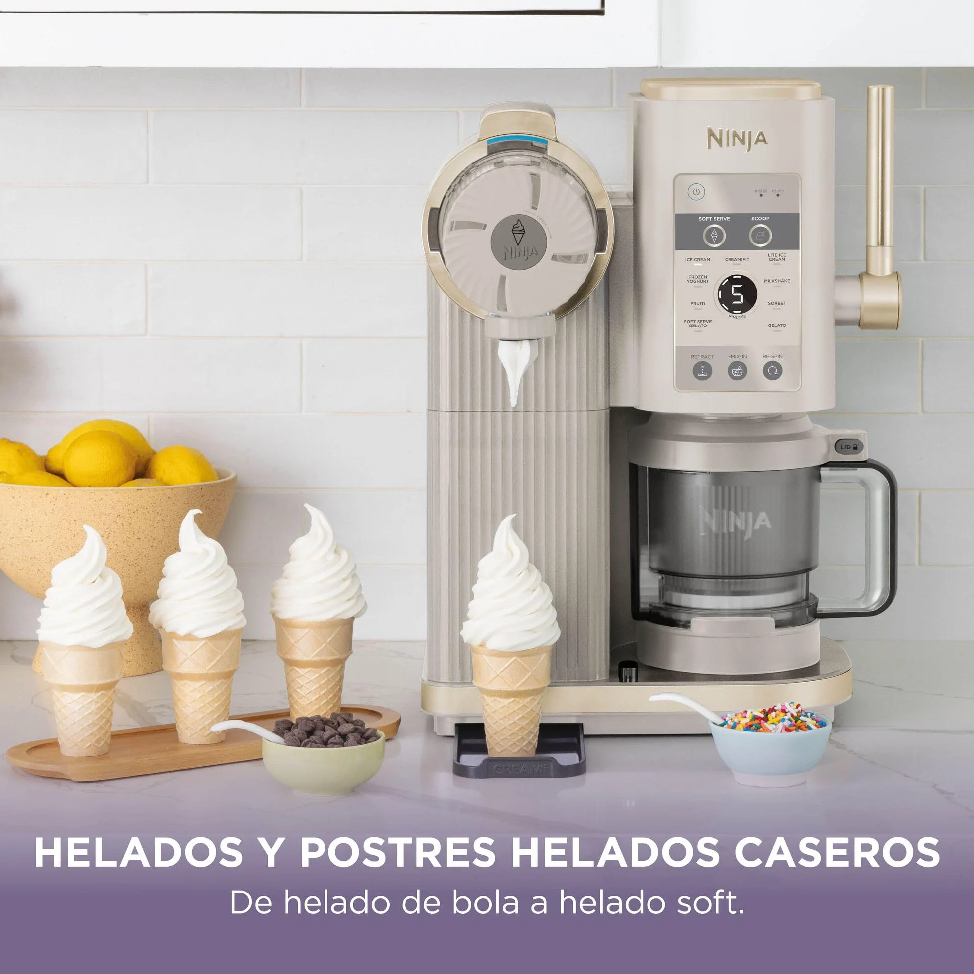 Ninja CREAMi Scoop & Swirl La heladera con 2 tarrinas y 13 funciones prepara helados, helados cremosos, gelatos, batidos y más, y cuenta con la opción de añadir extras, piedra/dorado, NC701EUSTGD