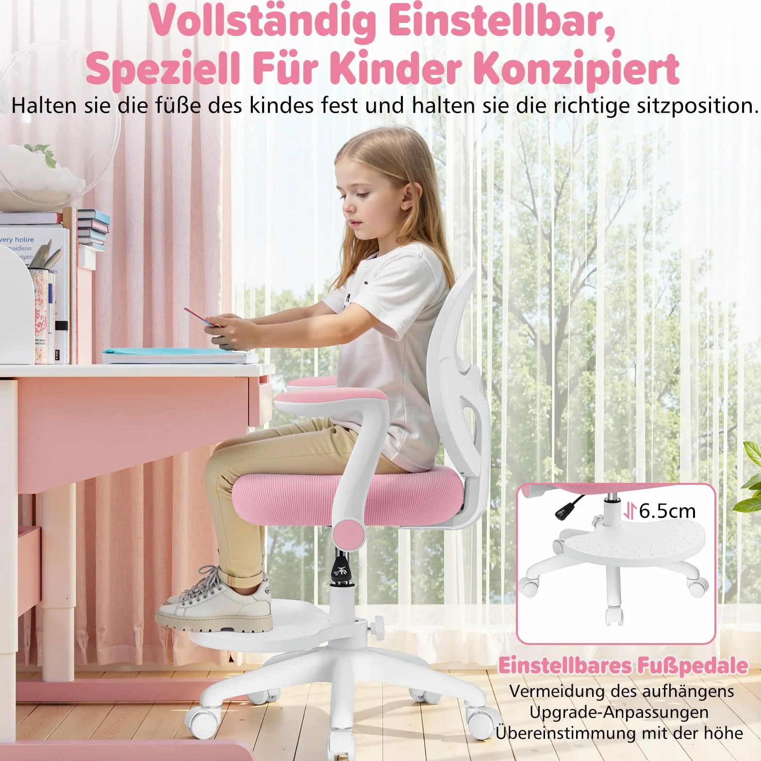 HOFFREE Silla de escritorio para niños, ergonómica, con reposabrazos plegable y reposapiés, giratoria, para niños y niñas, silla de mesa de malla para dormitorio, libros, rosa