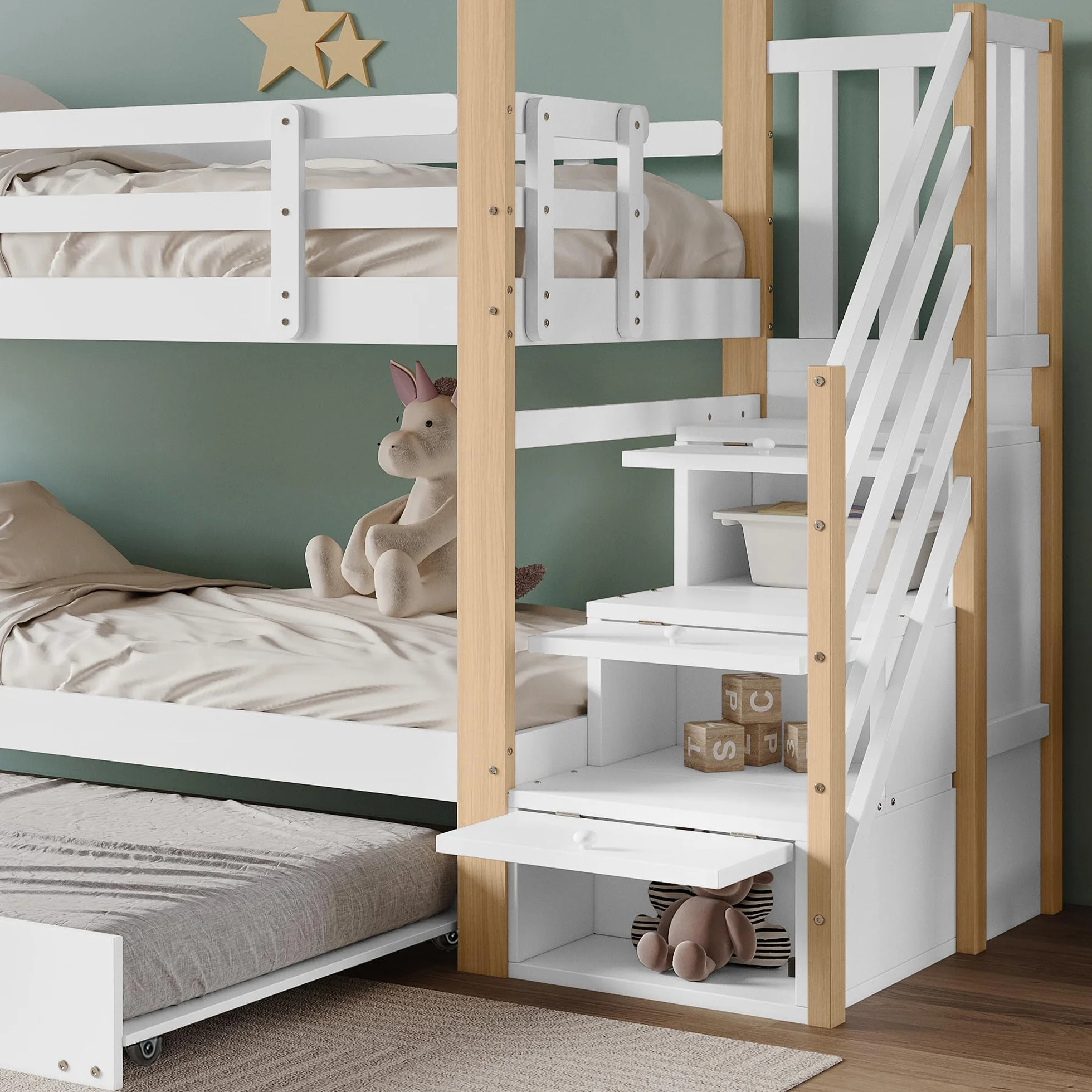 LAKFEW Litera de 90x200 con Cama Nido 90x190 cm, Cama Infantil con Escalera de Almacenaje y Protección Anticaída, Litera Infantil, Camas Infantiles de Madera para 3 Personas, Natur+Blanco, Sin Colchon