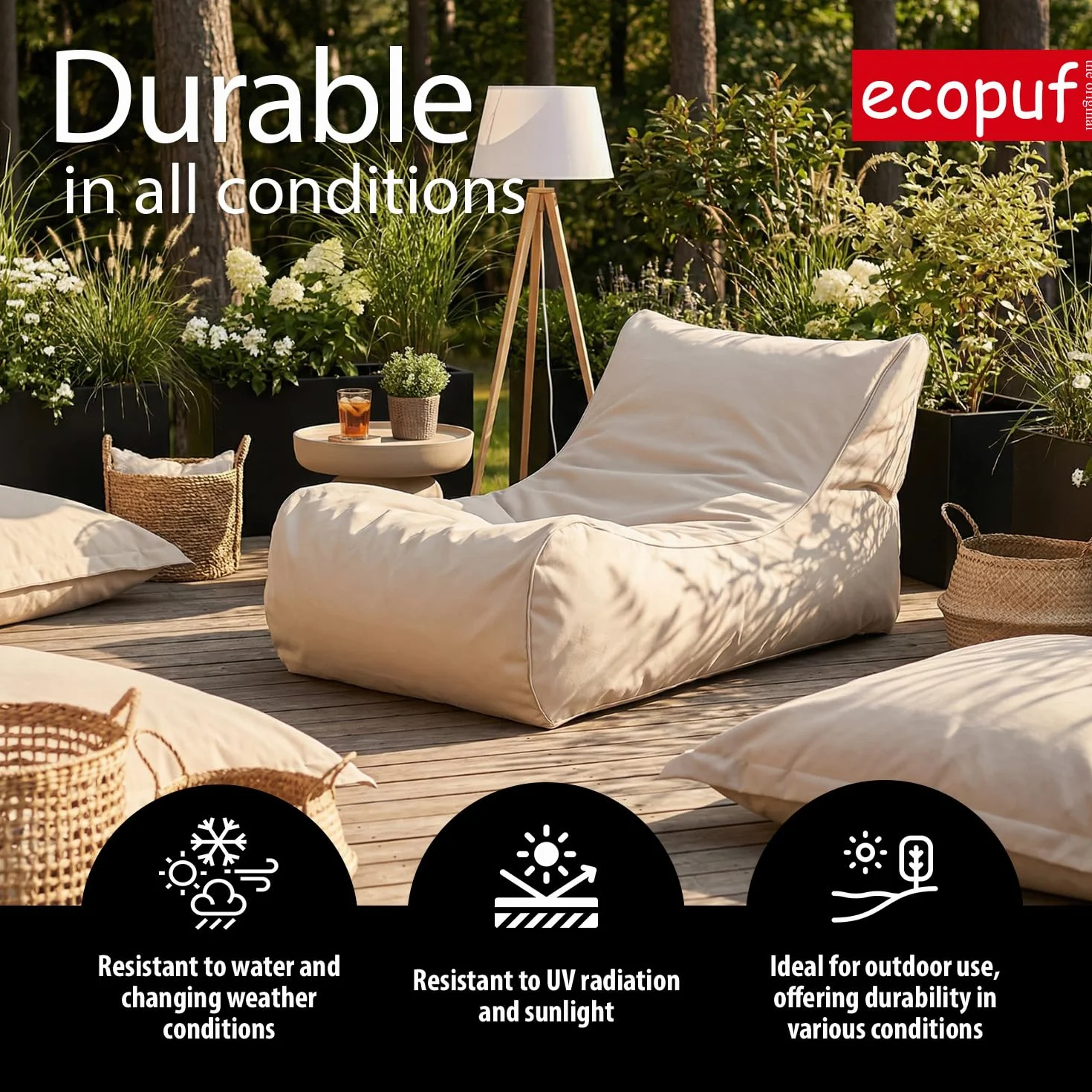 Ecopuf Master – Puf chaise longue de exterior – Sillón con bolsillo lateral – Relleno de bolas de poliestireno – Tumbona de 115 x 65 x 60 cm