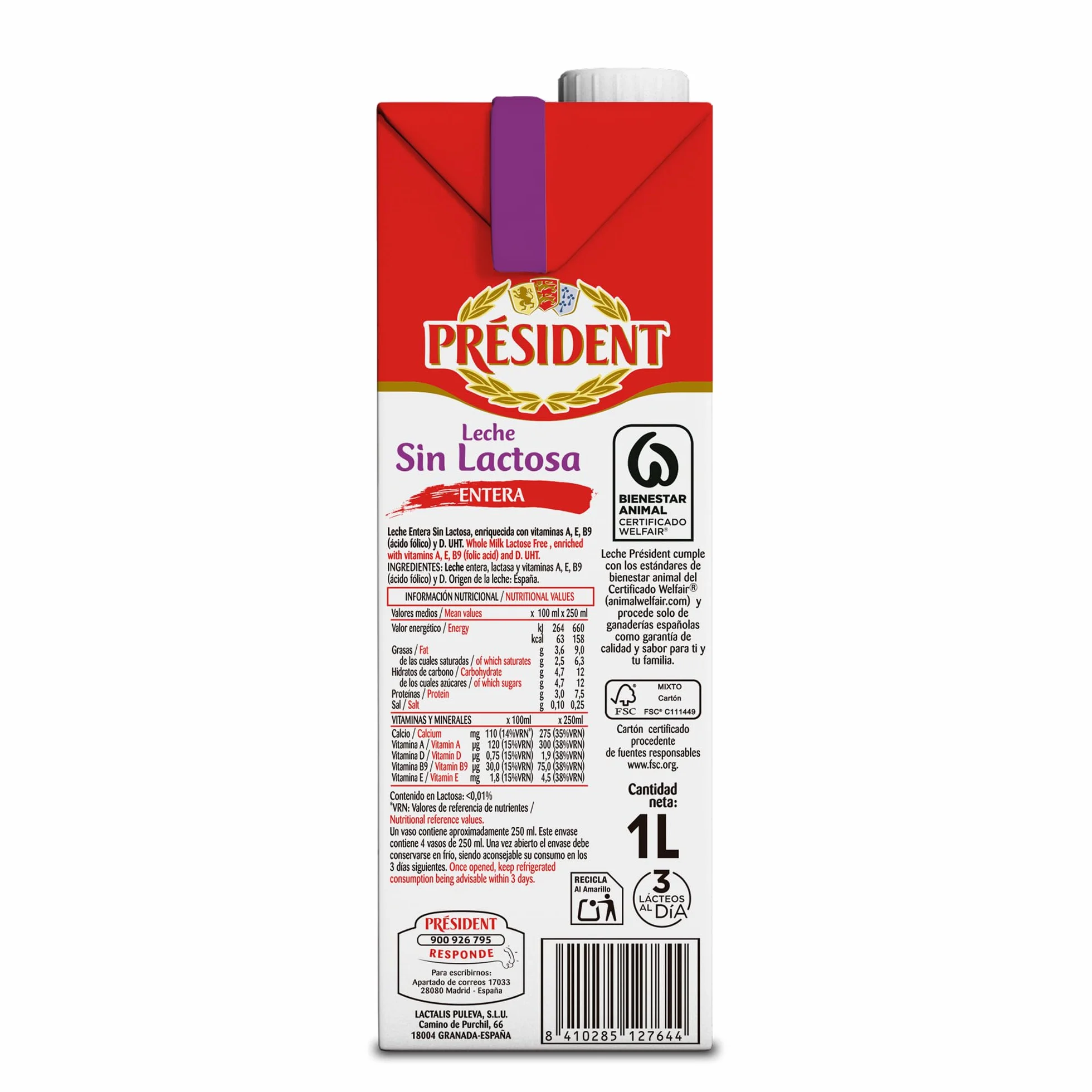 Président Leche Entera Sin Lactosa UHT Natural de Galicia Pack 6 x 1 L