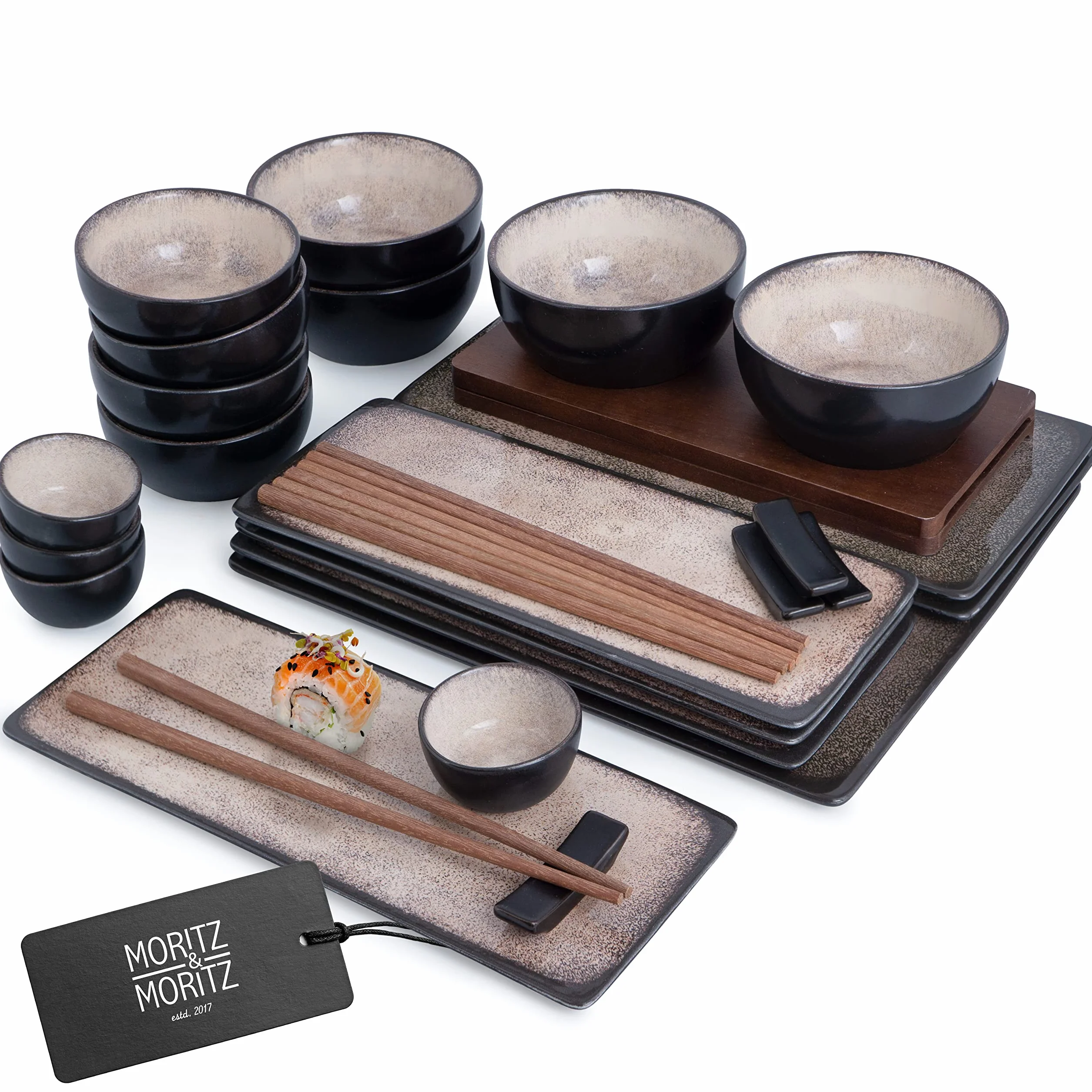 Moritz & Moritz Vajilla Sushi - Platos Sushi Ceramica - Plates Set 29 Piezas para 4 Personas - Plato Sushi con Palillos Soporte de Palillos Cuencos para Wasabi