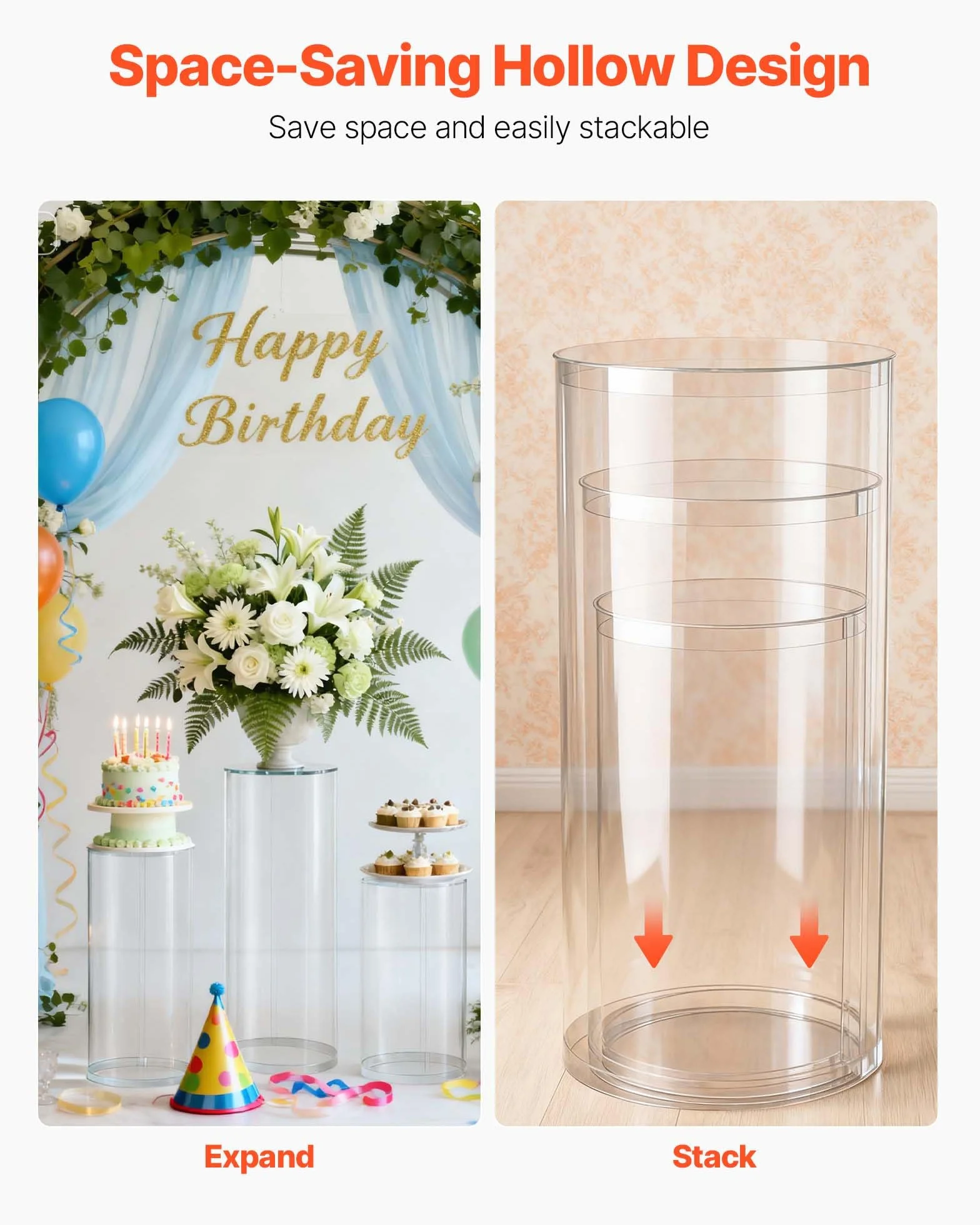 VEVOR Soporte Floral para Bodas, 3 uds, Pedestal Cilíndrico Redondo de 60/75/90 cm, con Tapa Acrílica Transparente, Diseño Moderno y Duradero, para Fiestas, Cumpleaños y Decoración Artística