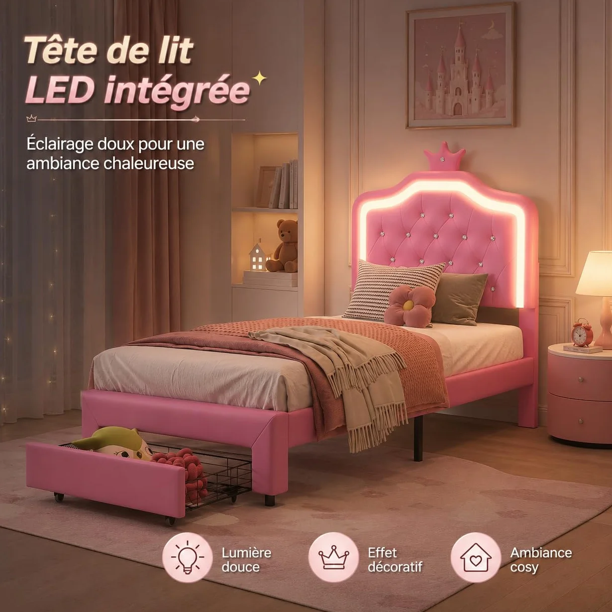 Cama para Niña 90x200 con LED RGB, Regulable en Altura, Cama Individual con contenedor, Cama Infantil, en Forma de Corona, Somier de Láminas de Madera, PU, Sin colchón (Rose-C, 90x200 cm)
