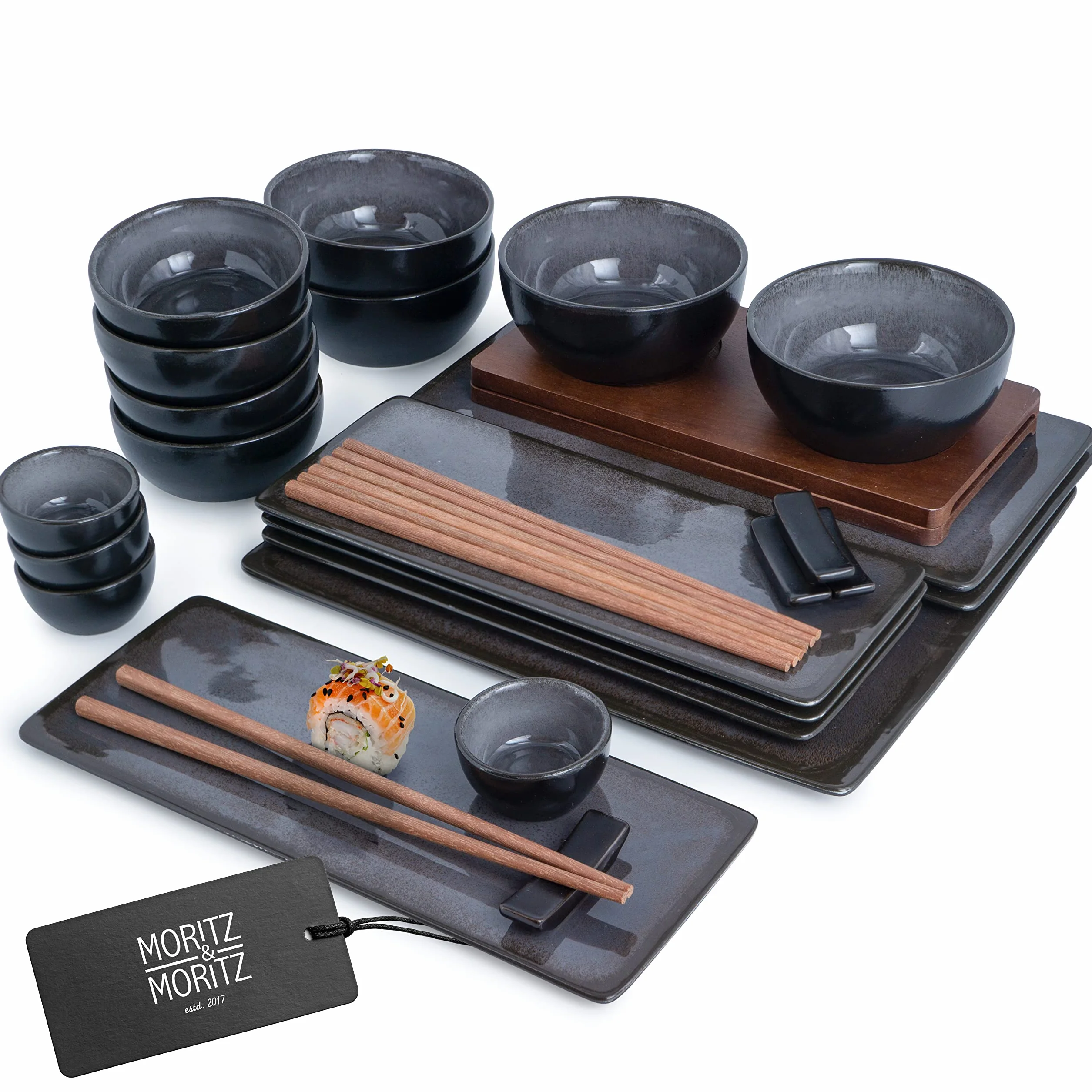 Moritz & Moritz Vajilla Sushi - Platos Sushi Ceramica - Plates Set 29 Piezas para 4 Personas - Plato Sushi con Palillos Soporte de Palillos Cuencos para Wasabi