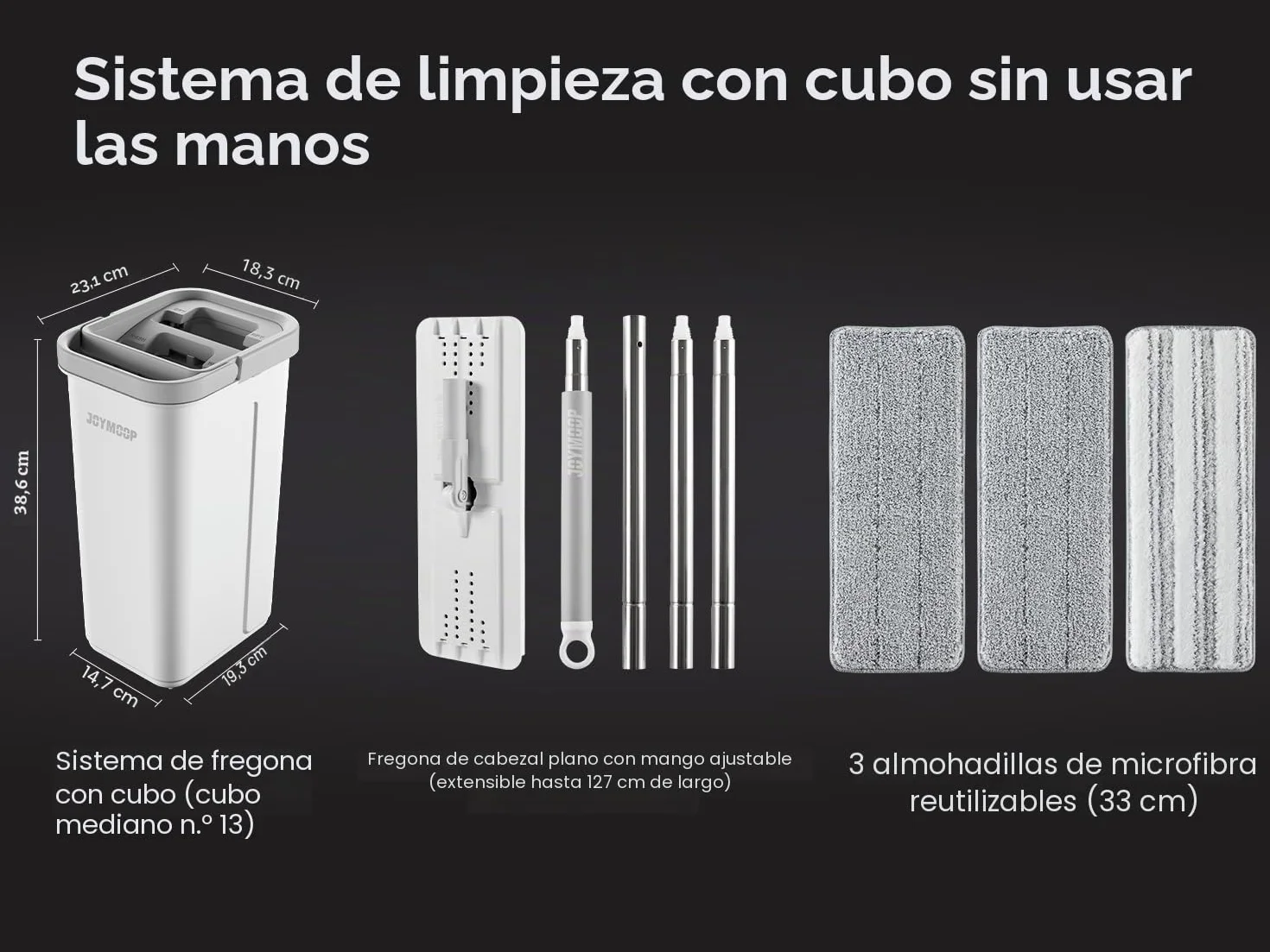 JOYMOOP Fregona plana con cubo escurridor, 3 almohadillas microfibra lavables, limpieza suelos seco y húmedo