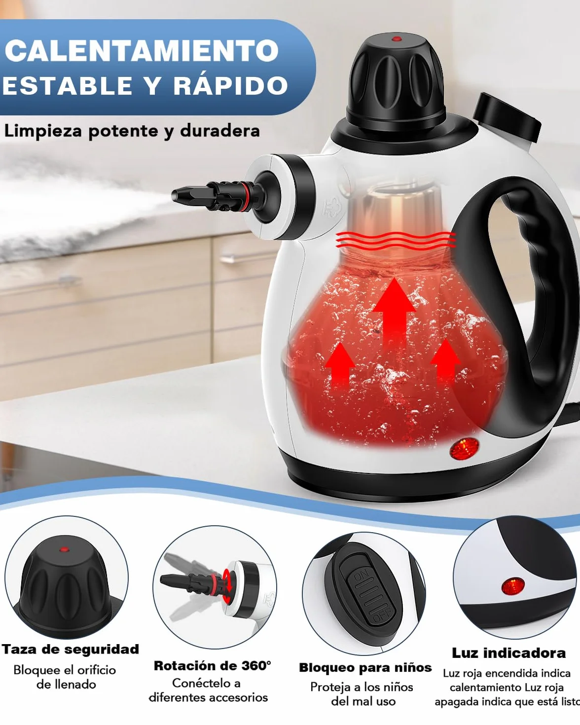KLONA Limpiador a vapor de mano multiusos con 10 accesorios para alfombras, cortinas, sofás