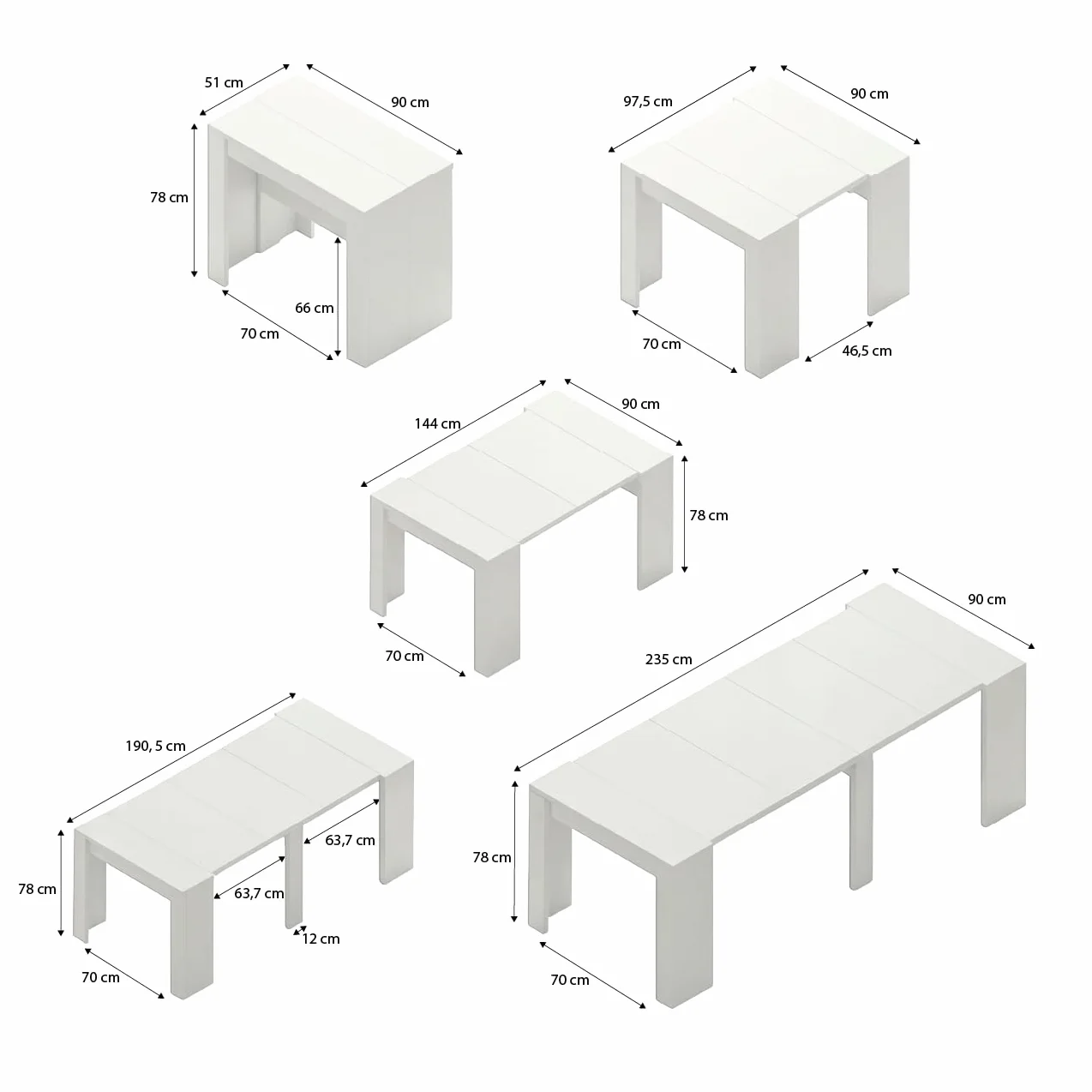 duehome | Mesa de Comedor, Consola, Mesa Extensible, Mesa para Salon, Recibidor o Cocina, Acabado en Blanco Artik, Modelo Denis, Medidas: 50-235 cm (Largo) x 90 cm (Ancho) x 78 cm (Alto)
