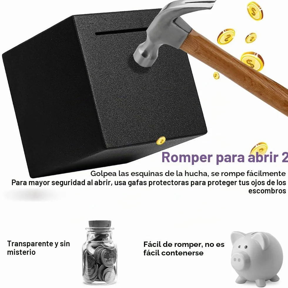 Hucha 12 x 12 cm, hecha de acero inoxidable, debe romperse para abrir, caja fuerte de acero inoxidable para adultos y niños (negro)