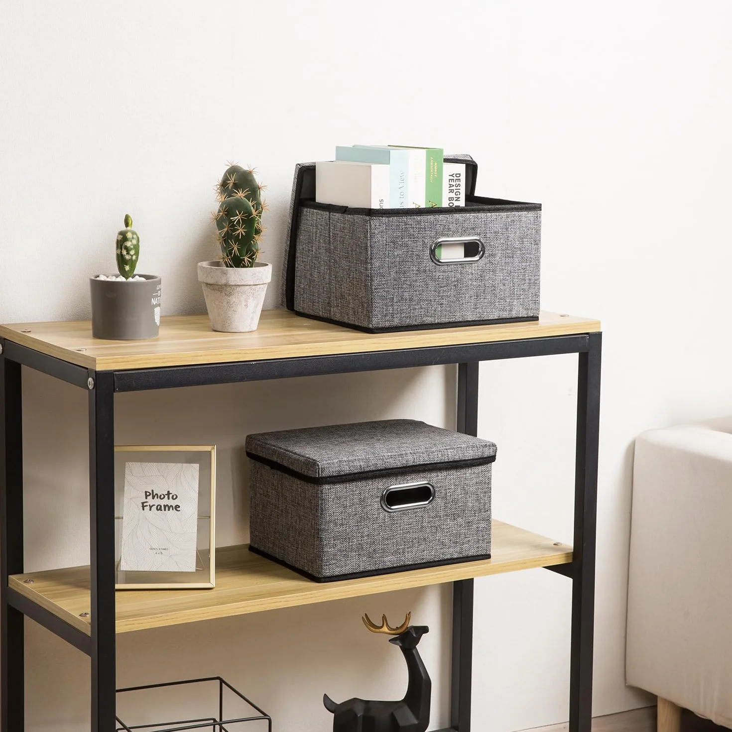 Prandom Caja de almacenamiento plegable con tapa[Paquete de 1],cajas almacenaje decorativas,Contenedor organizador de lino con asa,gris(29x22x17cm)