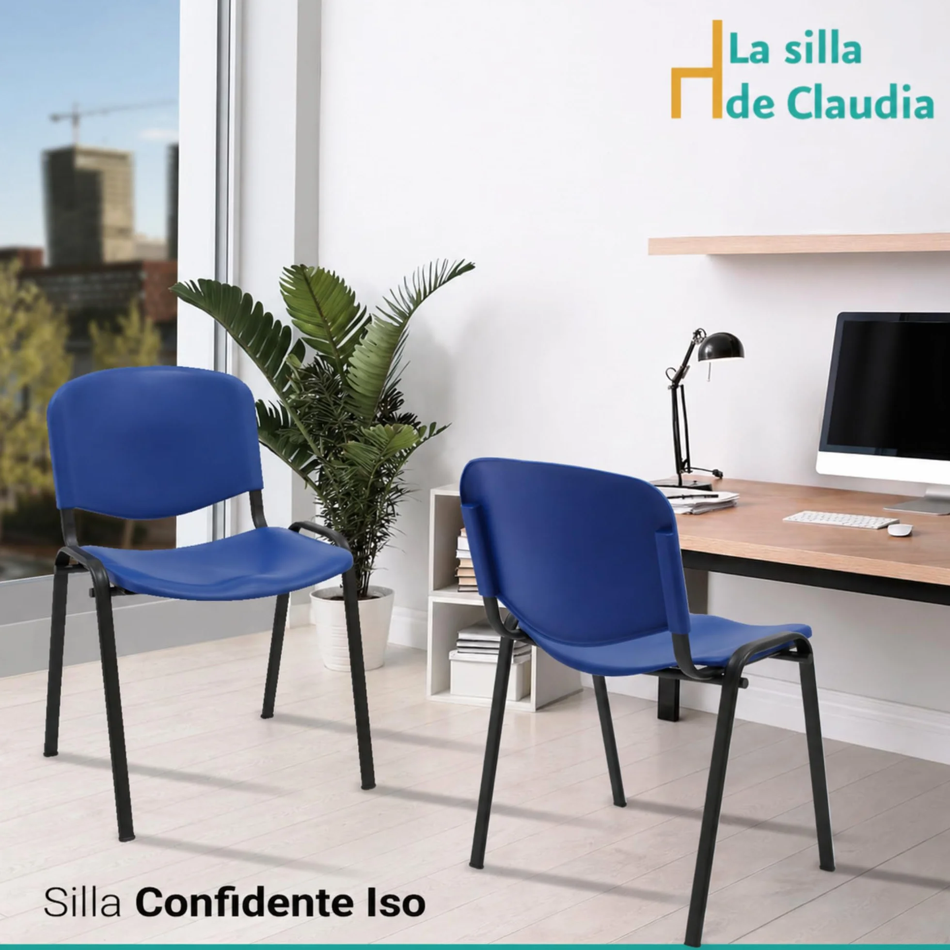 La Silla Confidente ISO de Plástico Apilable Pack de 4 Azul para Sala de Espera Oficina Reuniones