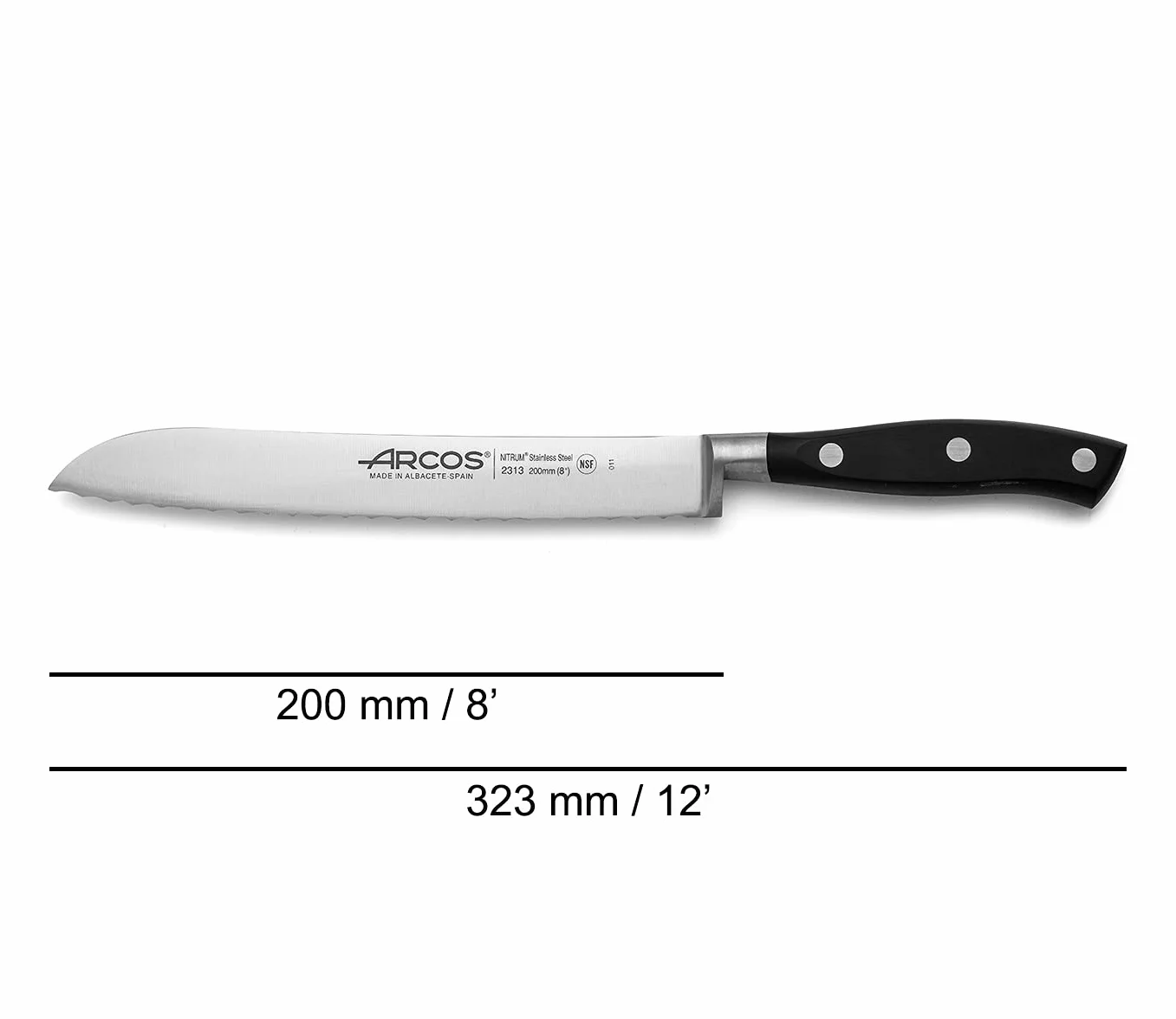 Arcos Cuchillo para pan con Hoja Acero Inoxidable Nitrum 200 mm. Obtenga una gran variedad cortes parau comida. Cuchillo ideal para uso doméstico diario. Serie Riviera. Color negro.