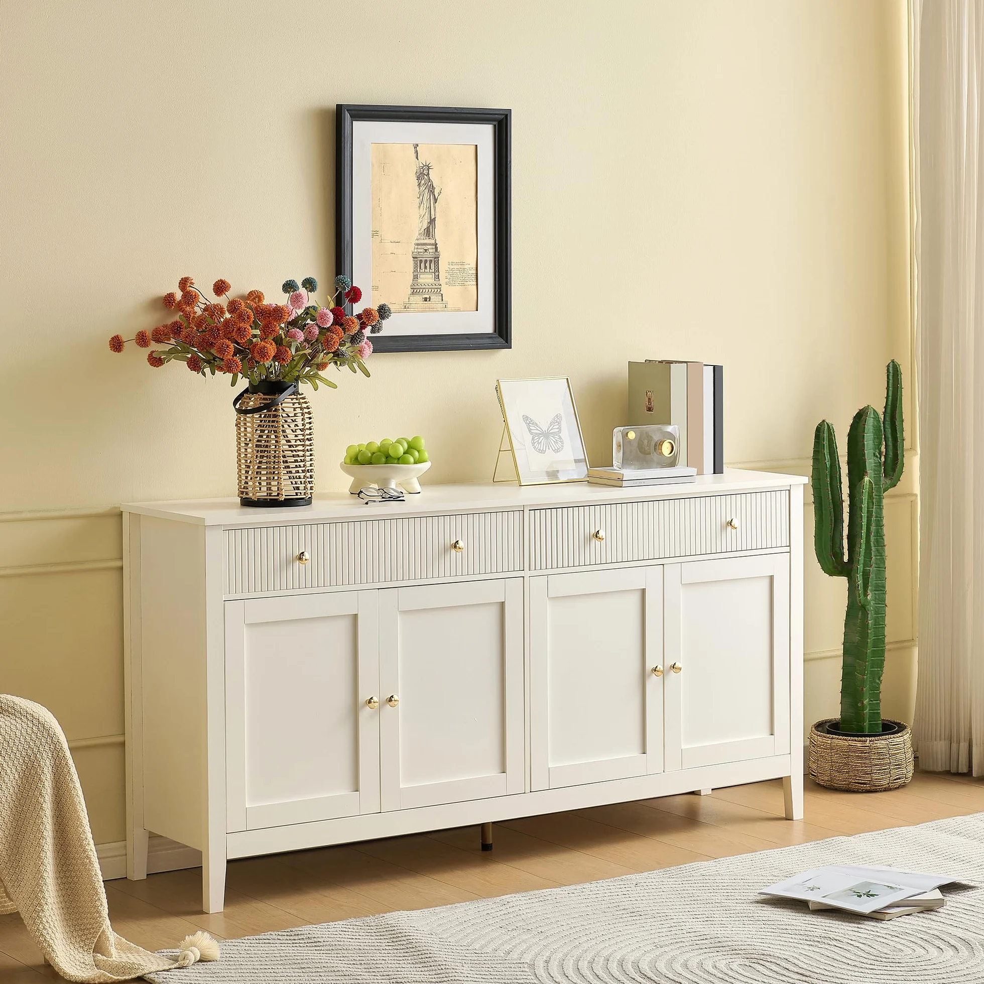 Aparador Blanco Elegante con 2 Cajones y 4 Puertas, Armario Cocina Aparadores para Salon con Estante y 5 Patas, Aparador Entrada Mueble Auxiliar Comedor, 160x40x82 cm, Blanco