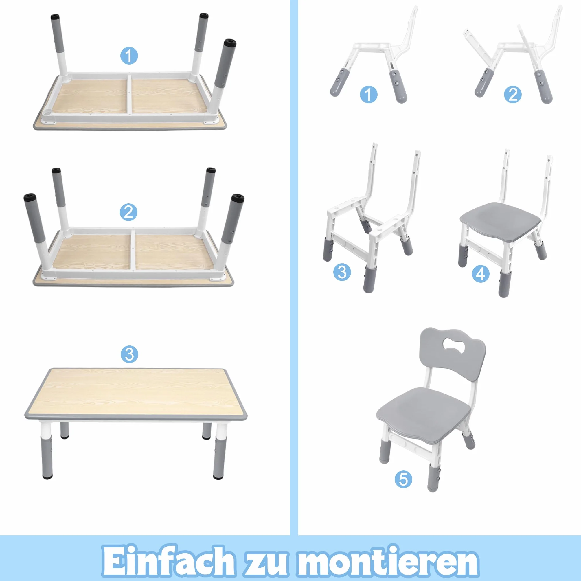 UISEBRT Mesa infantil con 4 sillas, grupo de asientos para niños a partir de 2 años, juego de mesa de plástico para guarderías y habitaciones infantiles, color gris
