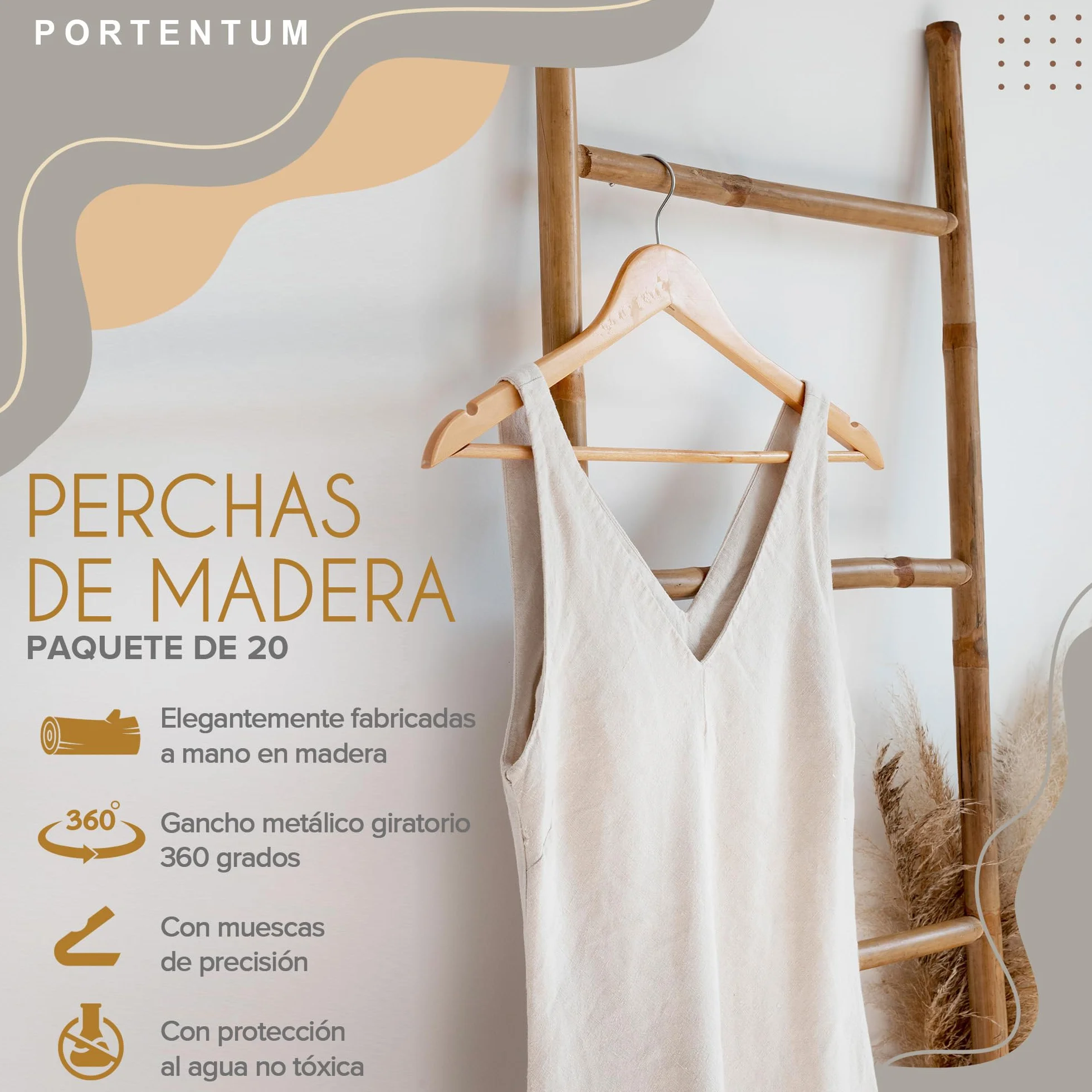 PORTENTUM Set de 20 Perchas de Madera para Ropa, Color Natural. Gancho Giratorio 360º, Perchas Pantalones, Colgador Antideslizante para Trajes, Chaquetas y Camisas, Muescas para Vestidos y Blusas