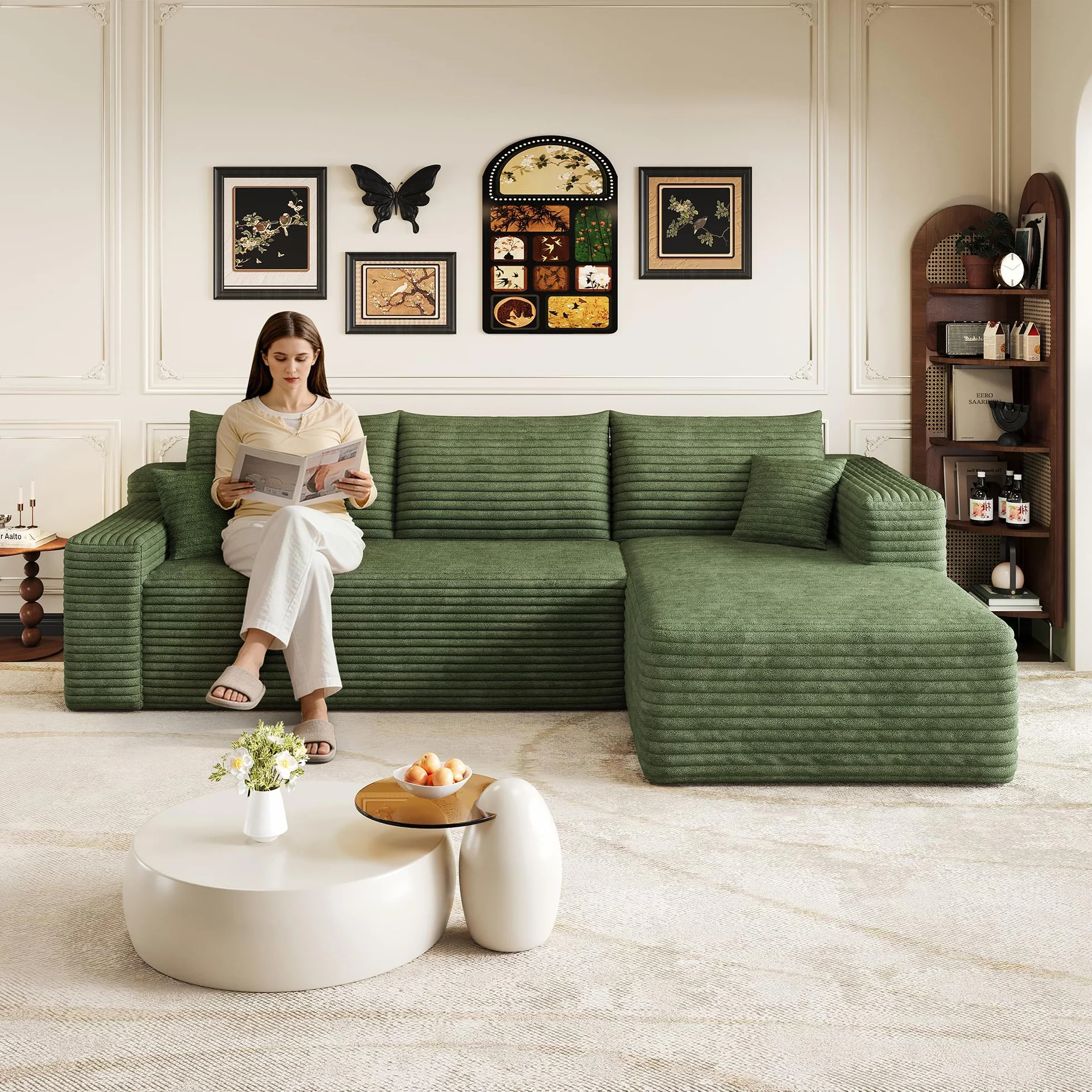 Sapgaks - Sofá esquinero de 241 cm, sofá de 3 plazas de pana con asiento profundo y ángulo integrado, sofá convertible modular, chaise longue orientada a la derecha, verde