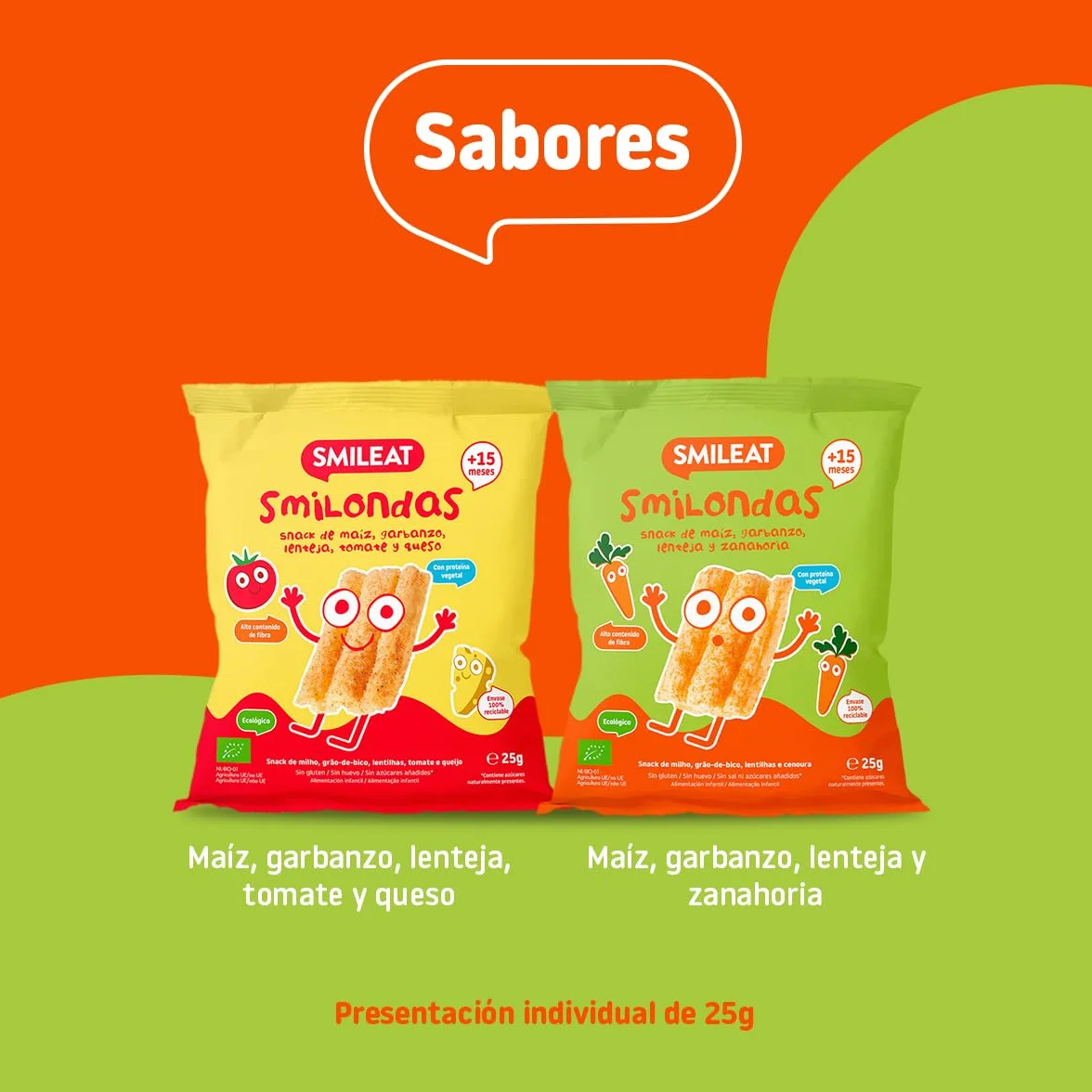 Smileat Smilondas Snack Ecológico Maíz Garbanzo Lenteja Zanahoría Horneadas Ingredientes Reales Bebés 15 Meses 1x25g