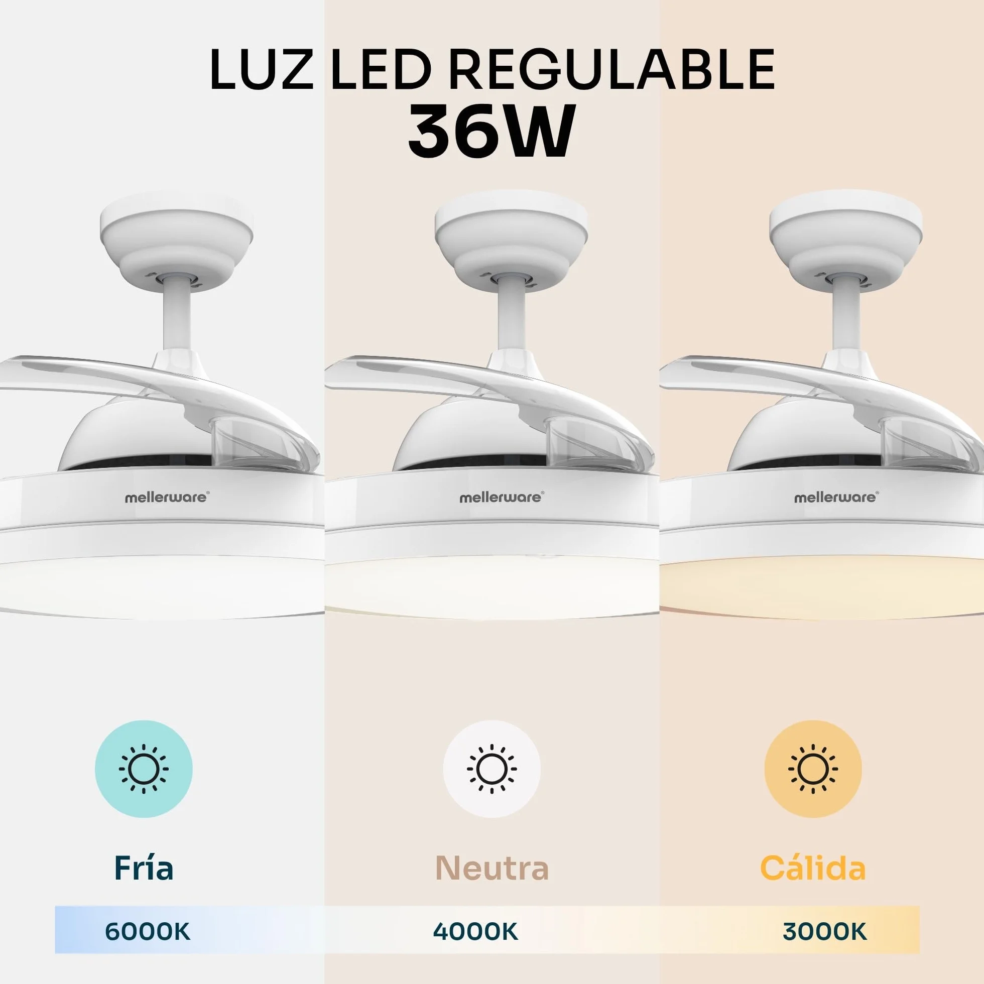 Mellerware - Ventilador de techo retráctil Brizy plegable de 40 W | 6 velocidades | 3 aspas | Ø 106 cm | Motor DC ultra silencioso | Temporizador | Función verano invierno | Luz LED