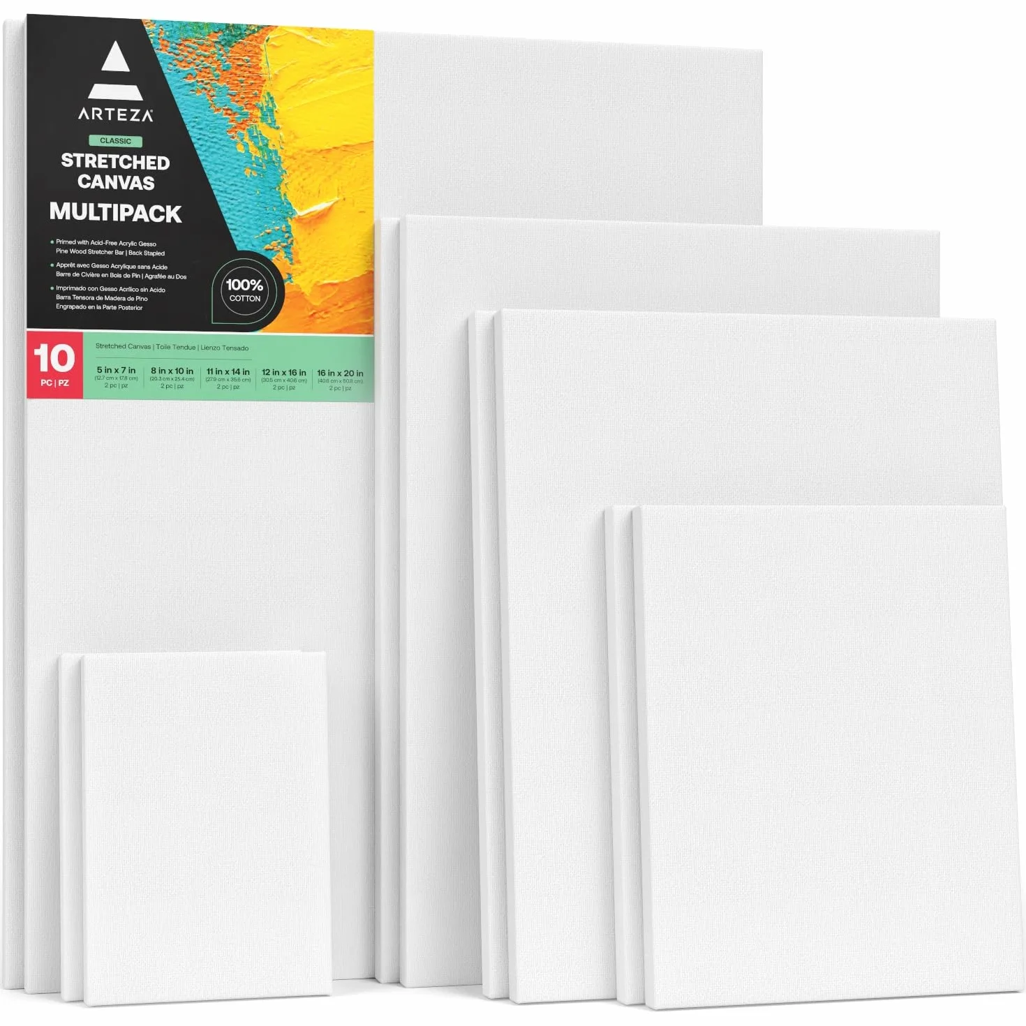 ARTEZA Lienzos blancos estirados e imprimados | Distintos tamaños: 12,7x17,7-27,9x35,5-30,4x40,6-40,6x50,8 cm | Pack de 10 lienzos | 100% algodón | Para acrílico, óleo y medios húmedos