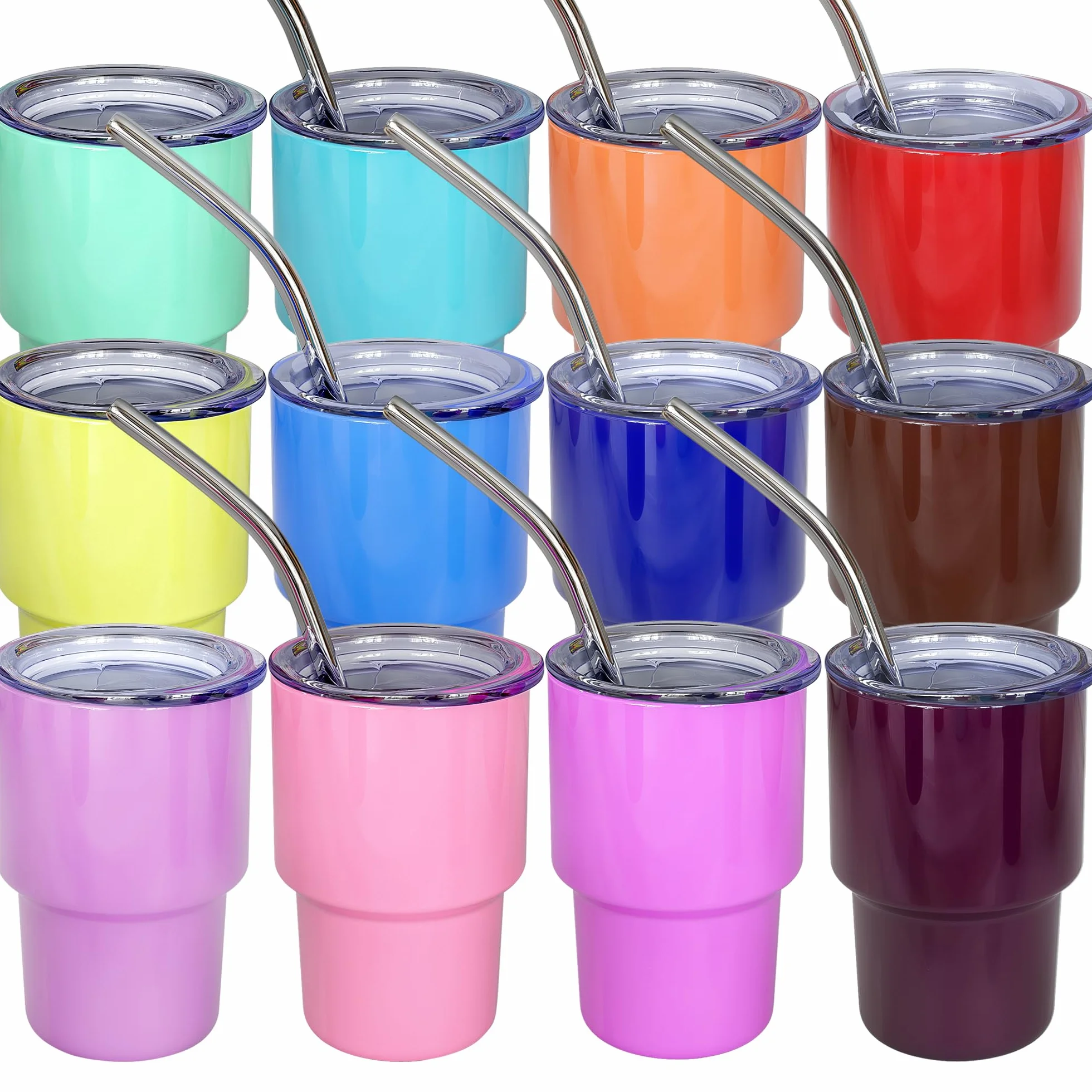 Paquete de 12 mini vasos de chupito de 3 onzas con popote y tapa