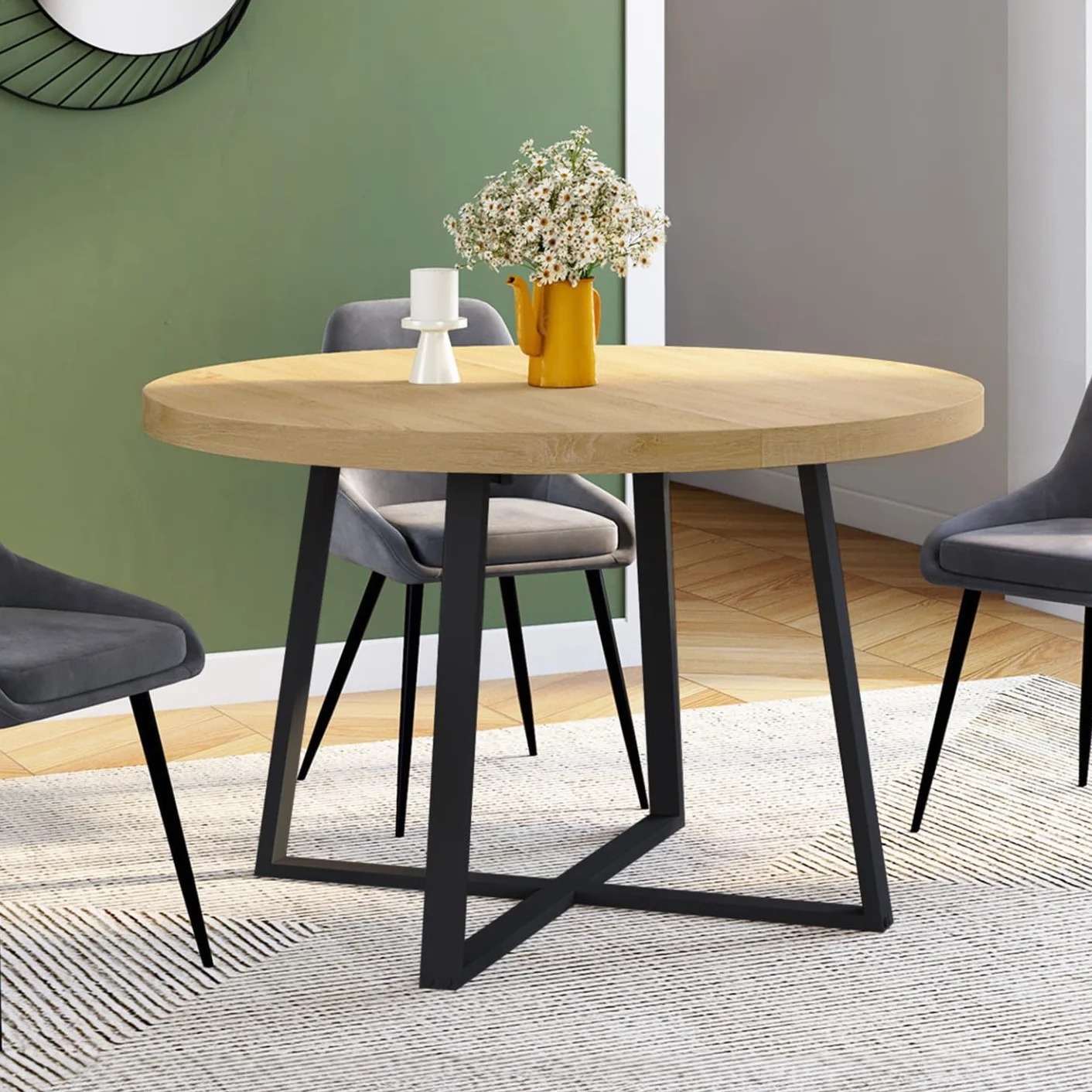 IDMarket Selma – Mesa de comedor extensible redonda para 4-8 personas, madera y negro, 110-150 cm