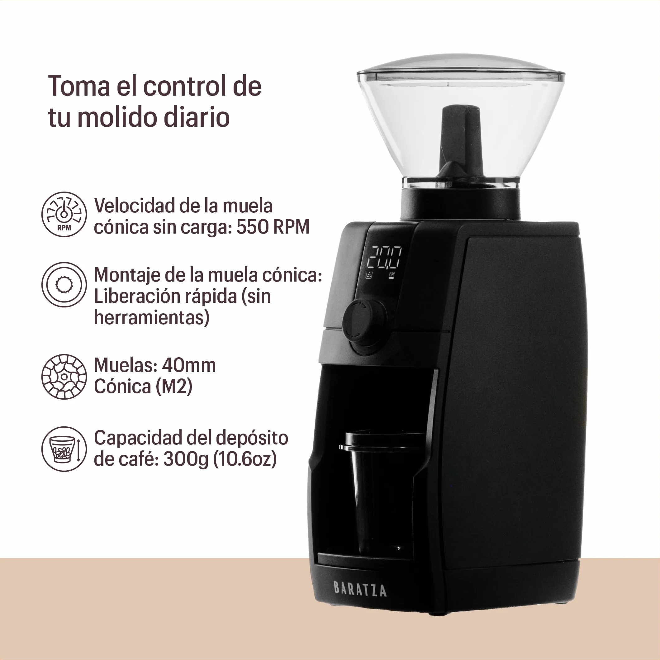 Baratza - Encore ESP Pro Molinillo de Café - Ajuste continuo, Disco de control de flujo, Tecnología antiestática, Dos modos de dosificación - Tolva 300 g, Muelas cónicas 40 mm, Fácil de limpiar
