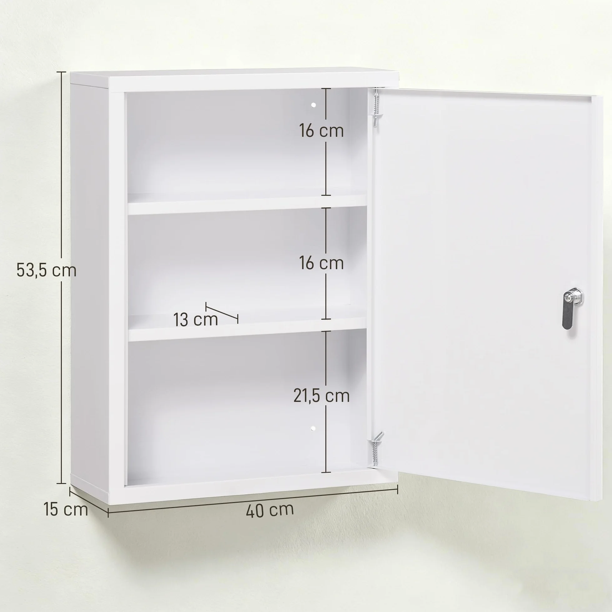 Kleankin Botiquín de Pared de Acero Primeros Auxilios 3 Niveles Armario Baño Cerradura 40x15x53,5 cm Blanco