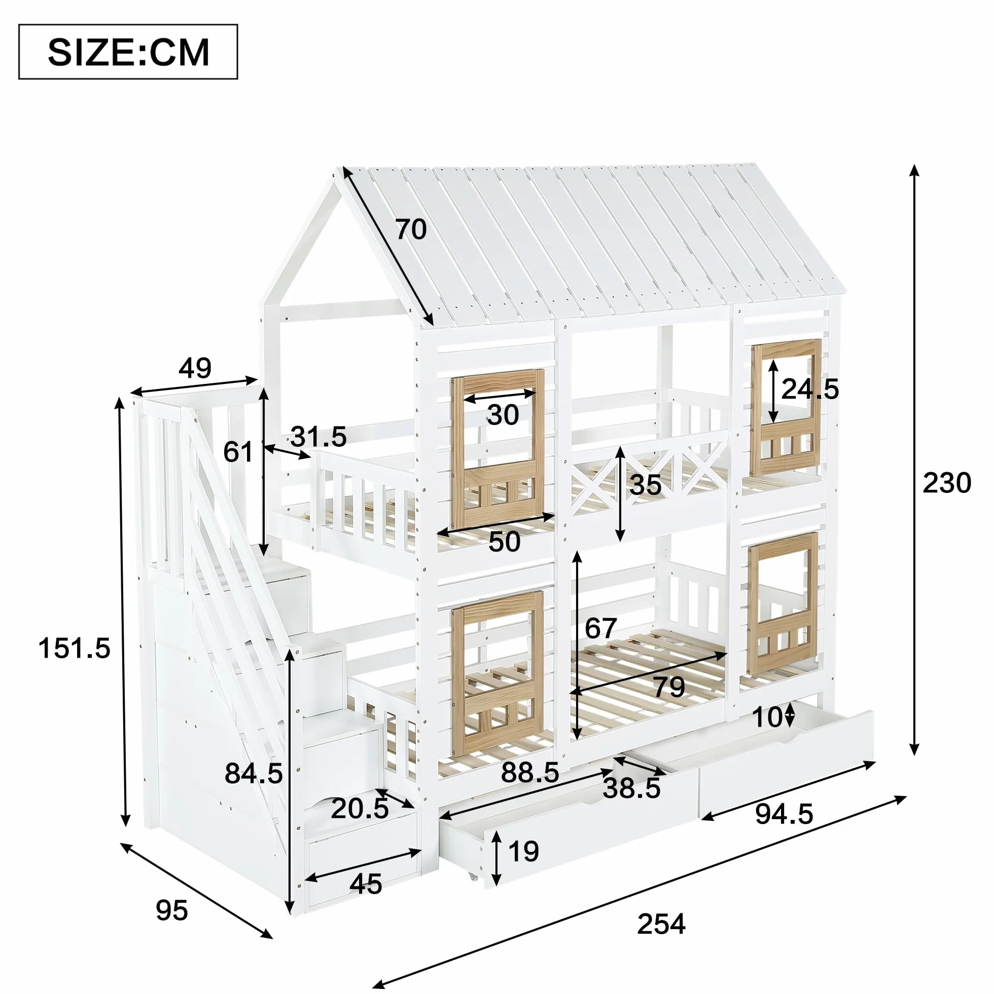 Litera de 90 x 200 cm, cama alta con ventana, con rejilla anticaídas, 2 cajones con ruedas, escalera con 4 estantes (blanco y natural, 90 x 200 cm)