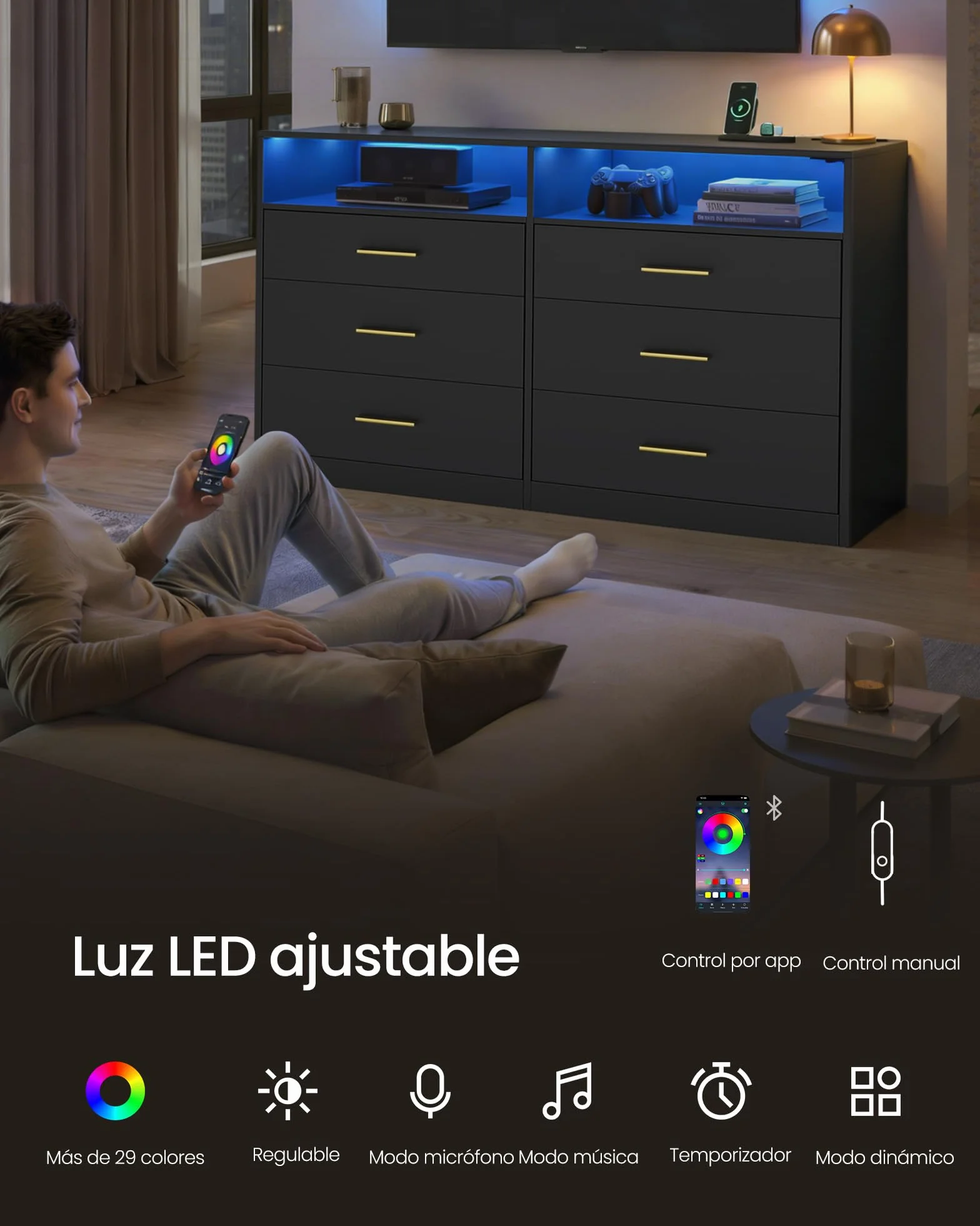 VASAGLE Custos Colección - Cómoda para Dormitorio, con LED y Regleta de Enchufes, Mueble Moderno para TV de Salón, 6 Cajones, 40 x 119 x 81,2 cm, Negro Tinta LTS316BC01