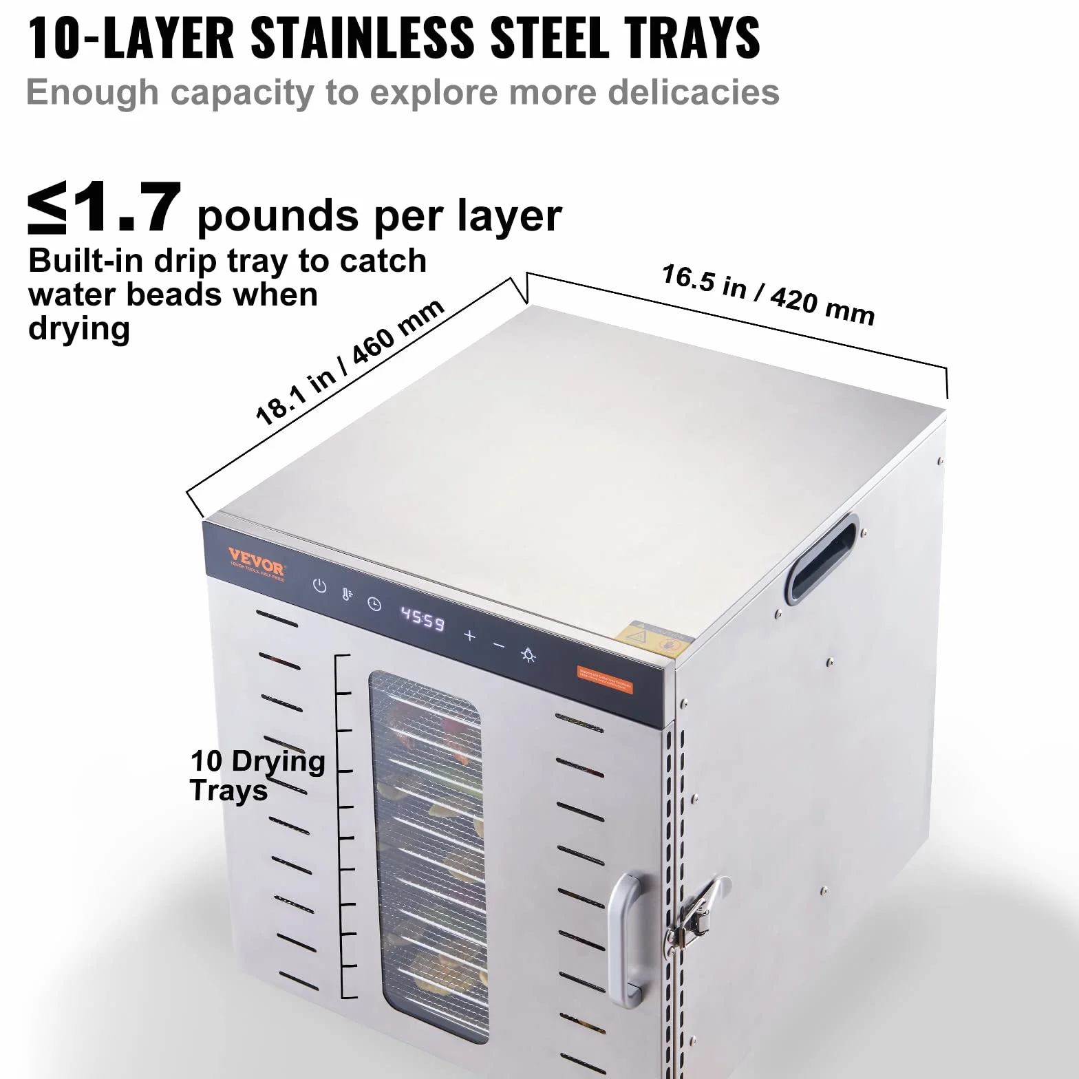 VEVOR Máquina Deshidratadora de Alimentos 10 Bandejas Acero Inoxidable 1000 W Temperatura Ajustable 30-90 °C Temporizador 0,5-48 h